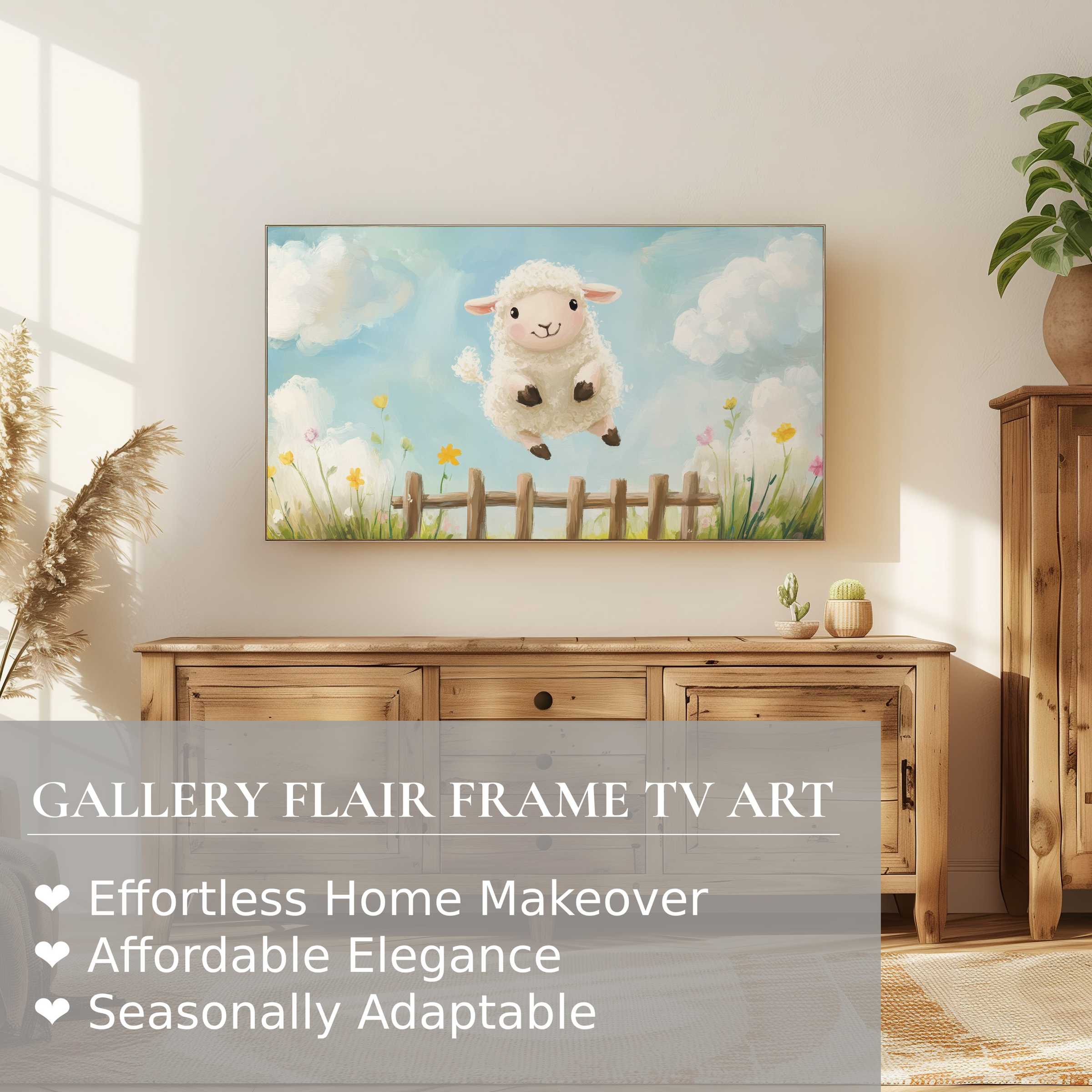 Samsung Frame TV displaying charming nursery digital artwork of a playful lamb in a serene, modern setting