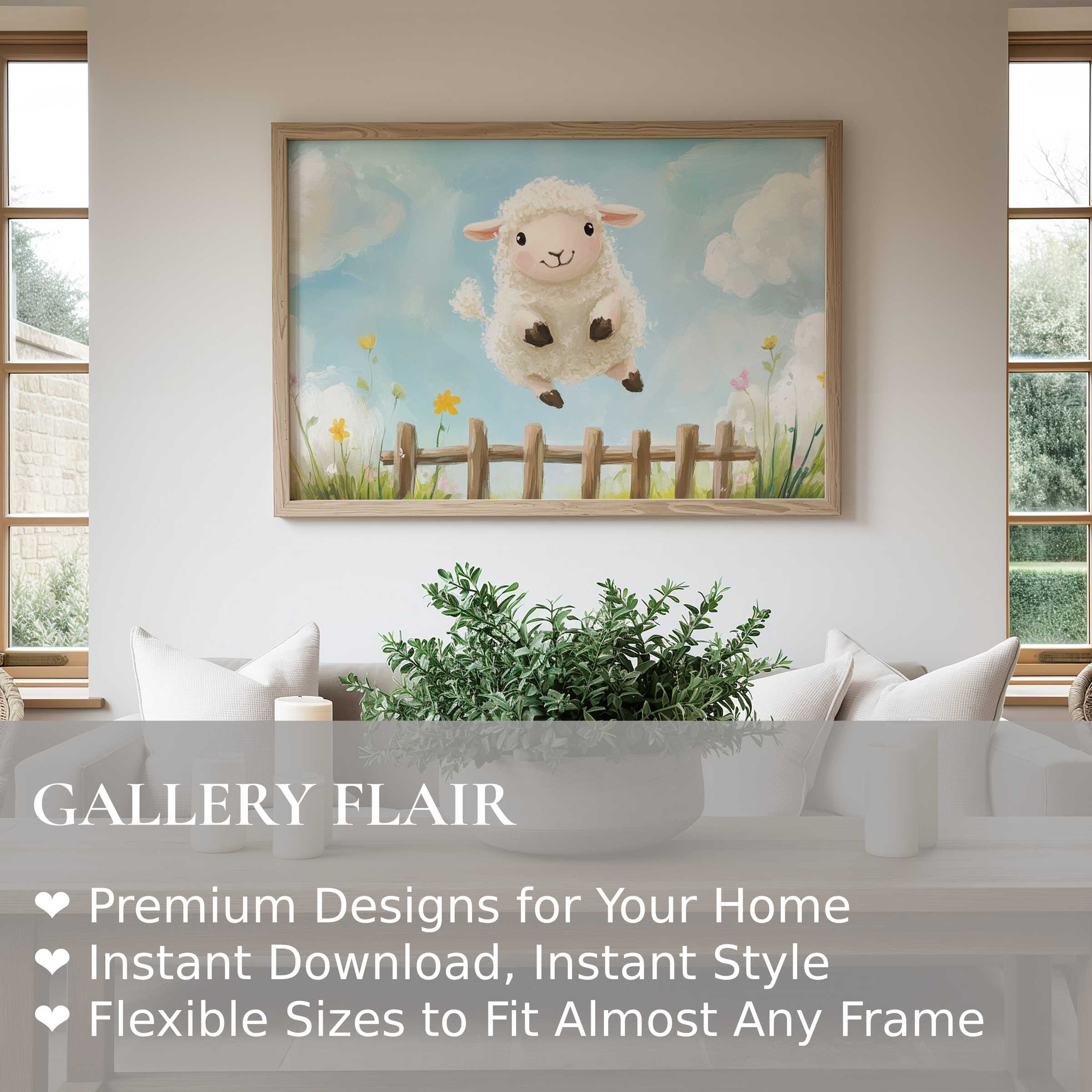 Charming nursery wall art print with a joyful lamb leaping over a rustic fence, evoking calm and playful farmhouse style
