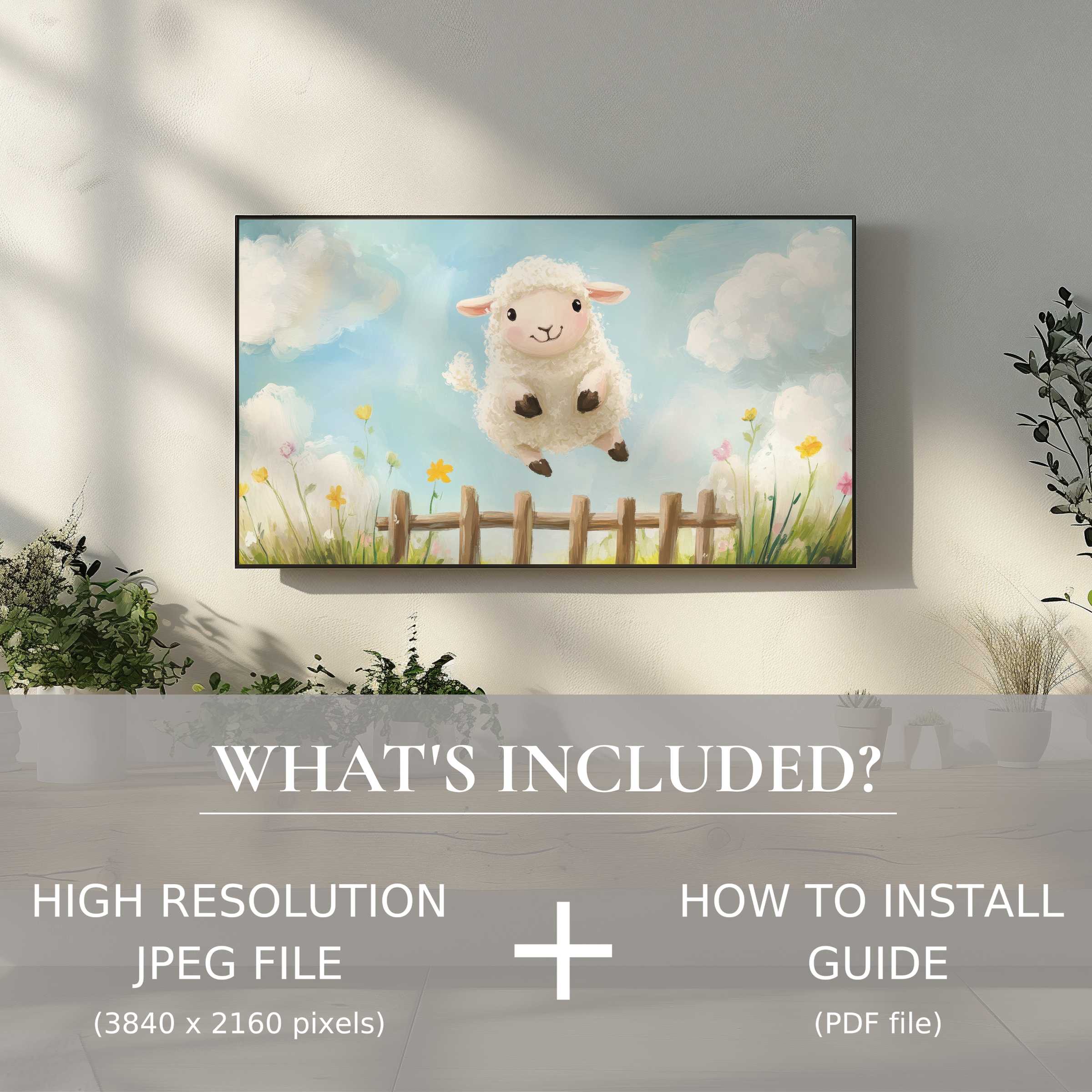 Charming nursery digital TV art download featuring a playful lamb, easy to use and elevates modern nursery décor