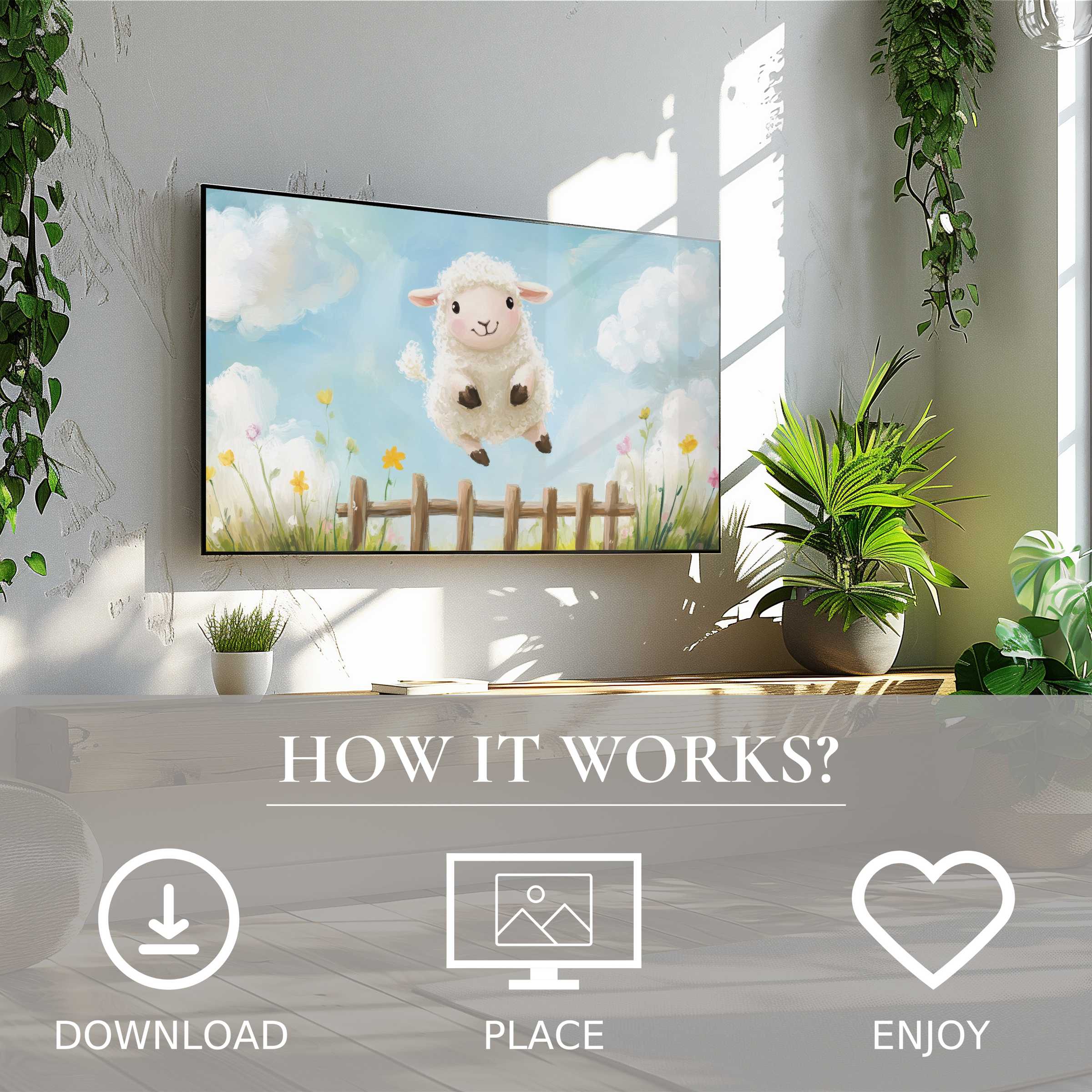 Nursery art for Samsung TV: cute lamb leaps over fence, soft sky hues, easy digital download enriches bright, plant-filled room