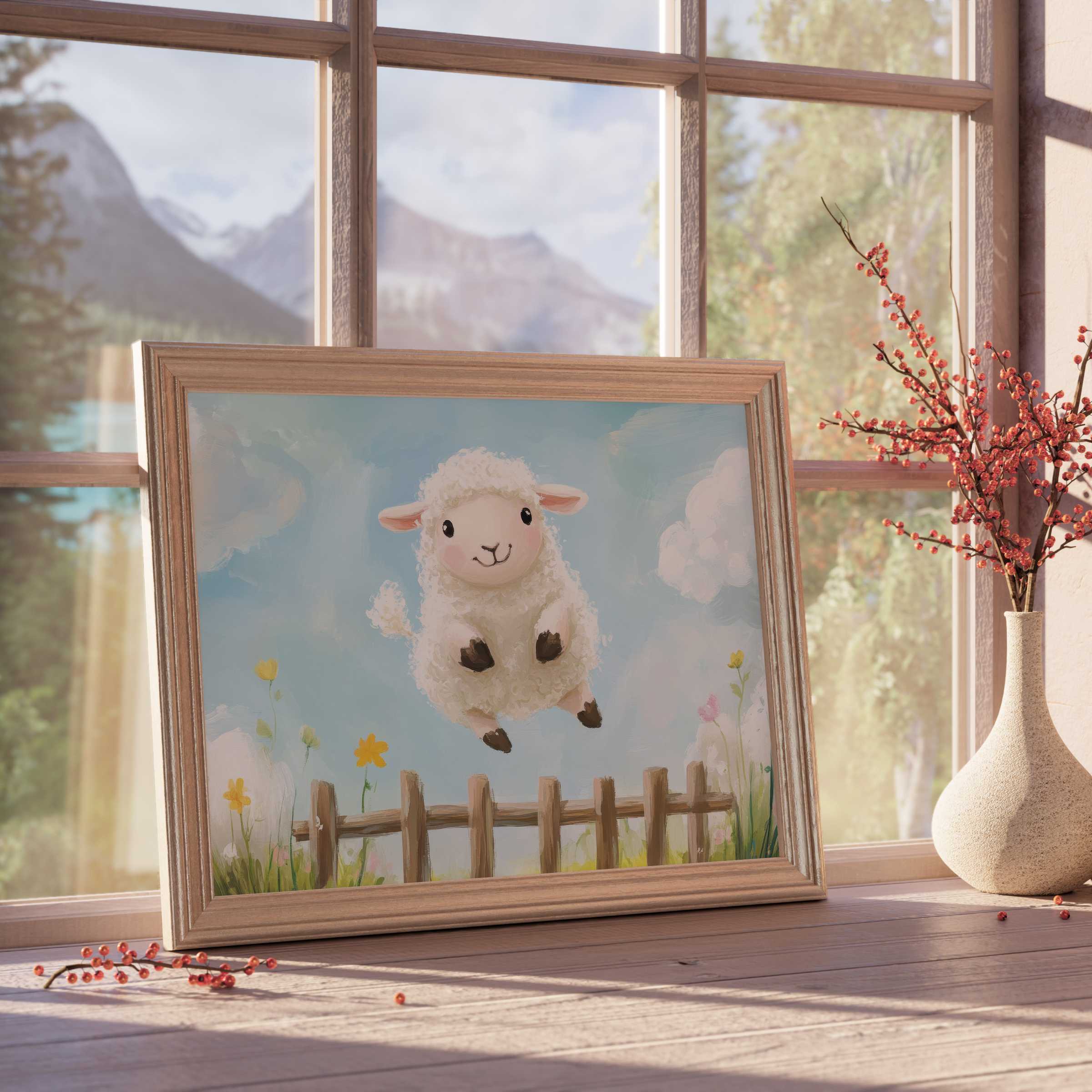 Nursery downloadable art of a joyful lamb leaping over rustic fence, framed in soft oak, evoking serene, whimsical childhood wonder