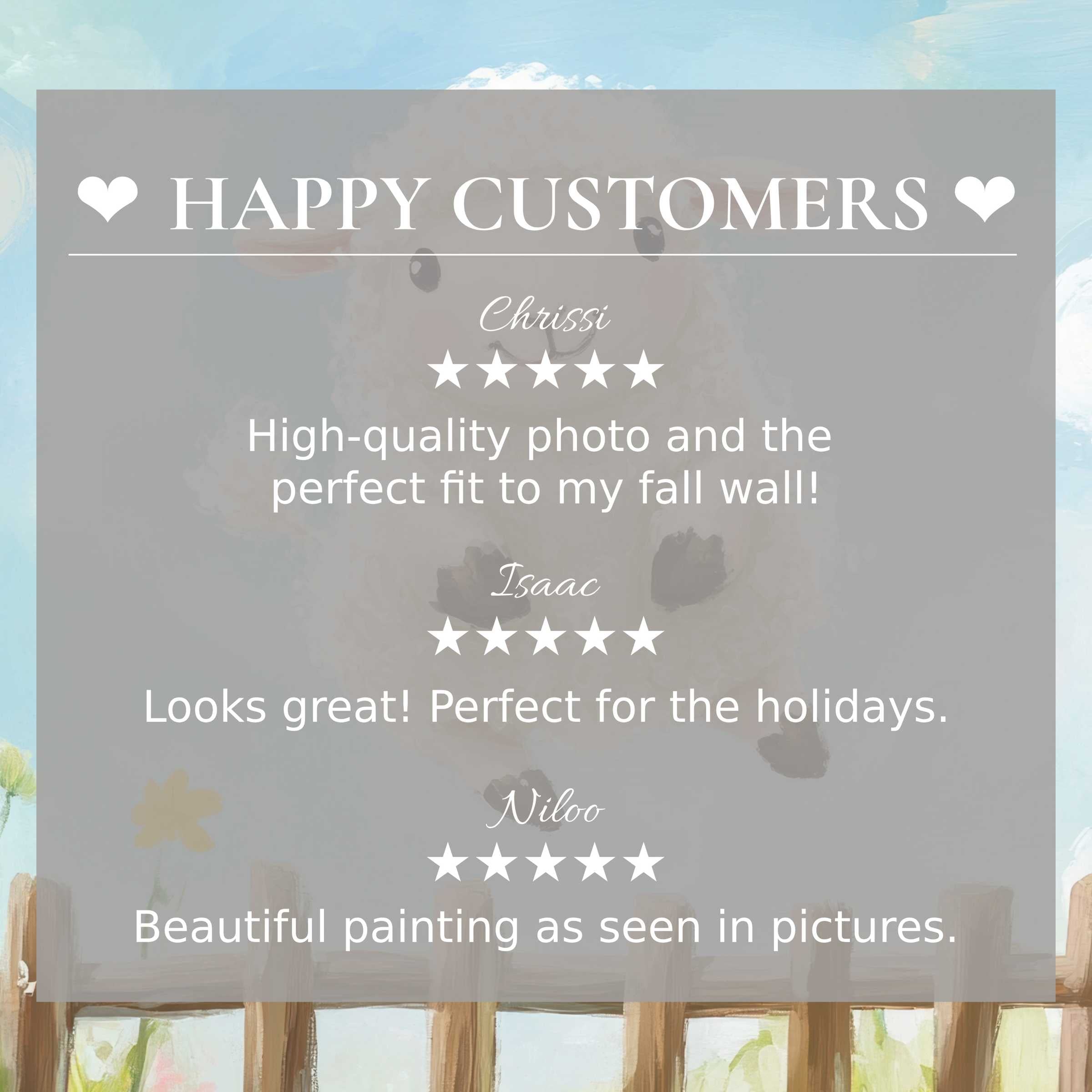 Nursery art for Frame TV with pastel sky and lamb, showcasing happy customer reviews and refined, elegant design