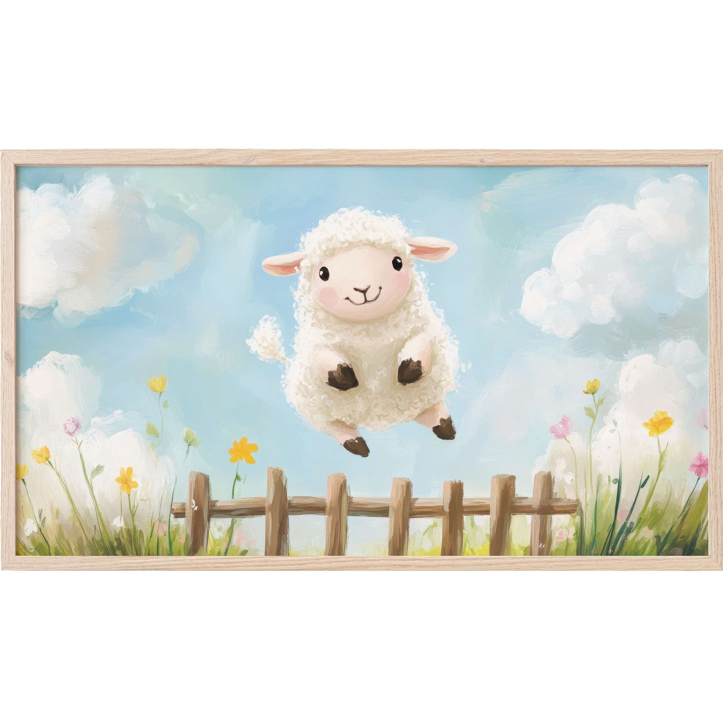 Charming nursery Frame TV Art of a fluffy sheep leaping over a wooden fence with soft pastels and sky blues