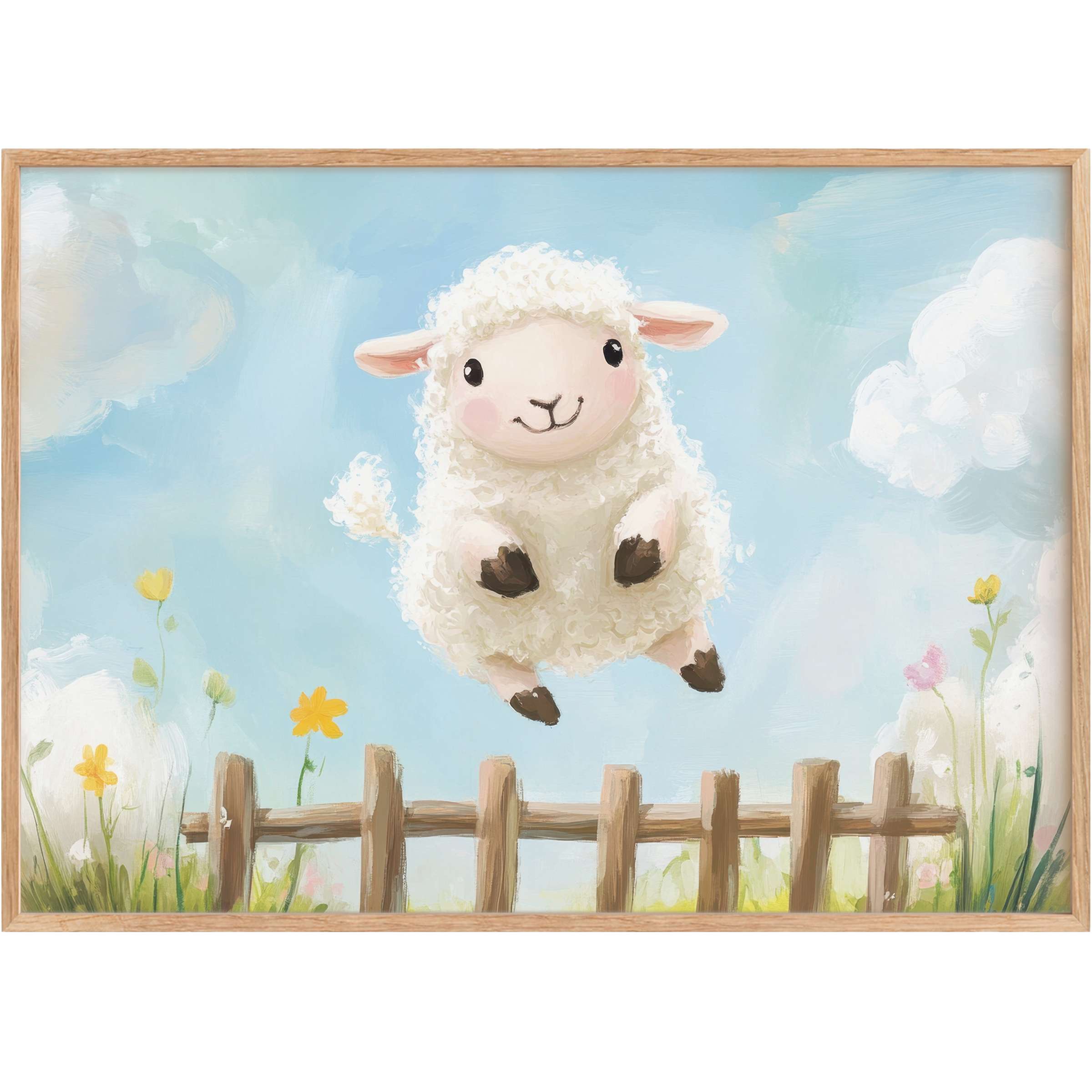 Charming nursery printable wall art of a joyful lamb leaping over a rustic fence, infusing a serene sky-blue and soft pastels with uplifting warmth