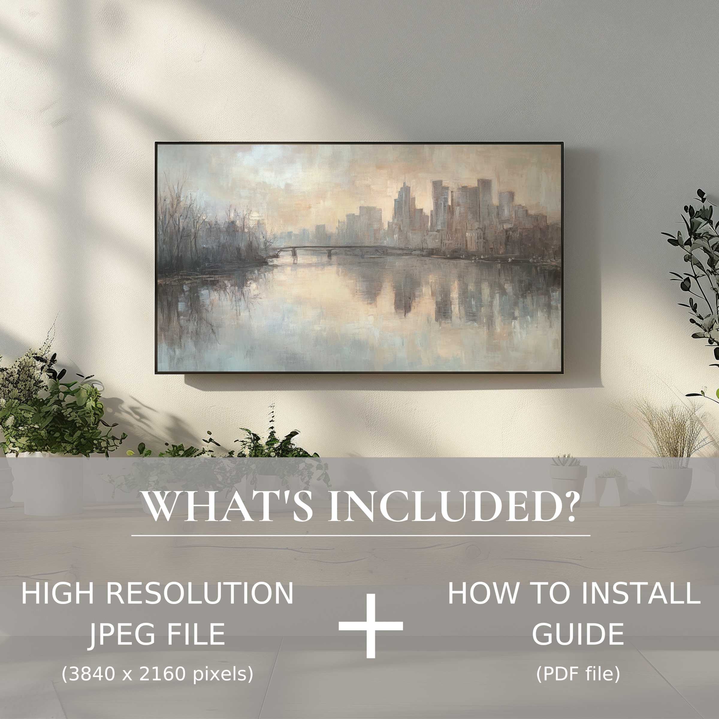 Elegant urban digital TV art download enhances modern living spaces with easy, high-res digital use and installation guide