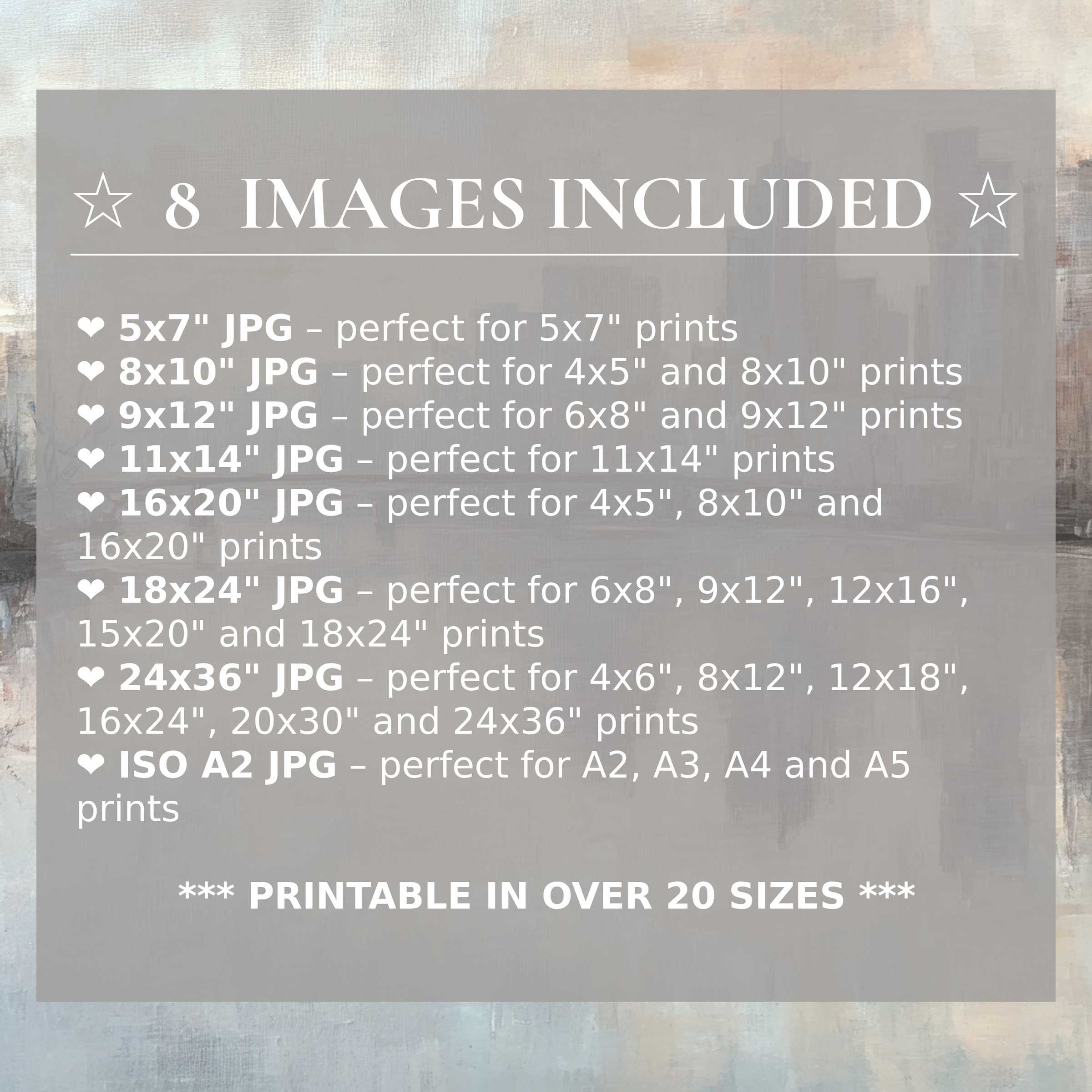 Urban digital print radiates serene greys and muted blues, elevating modern interiors with style and 8 included high-quality sizes