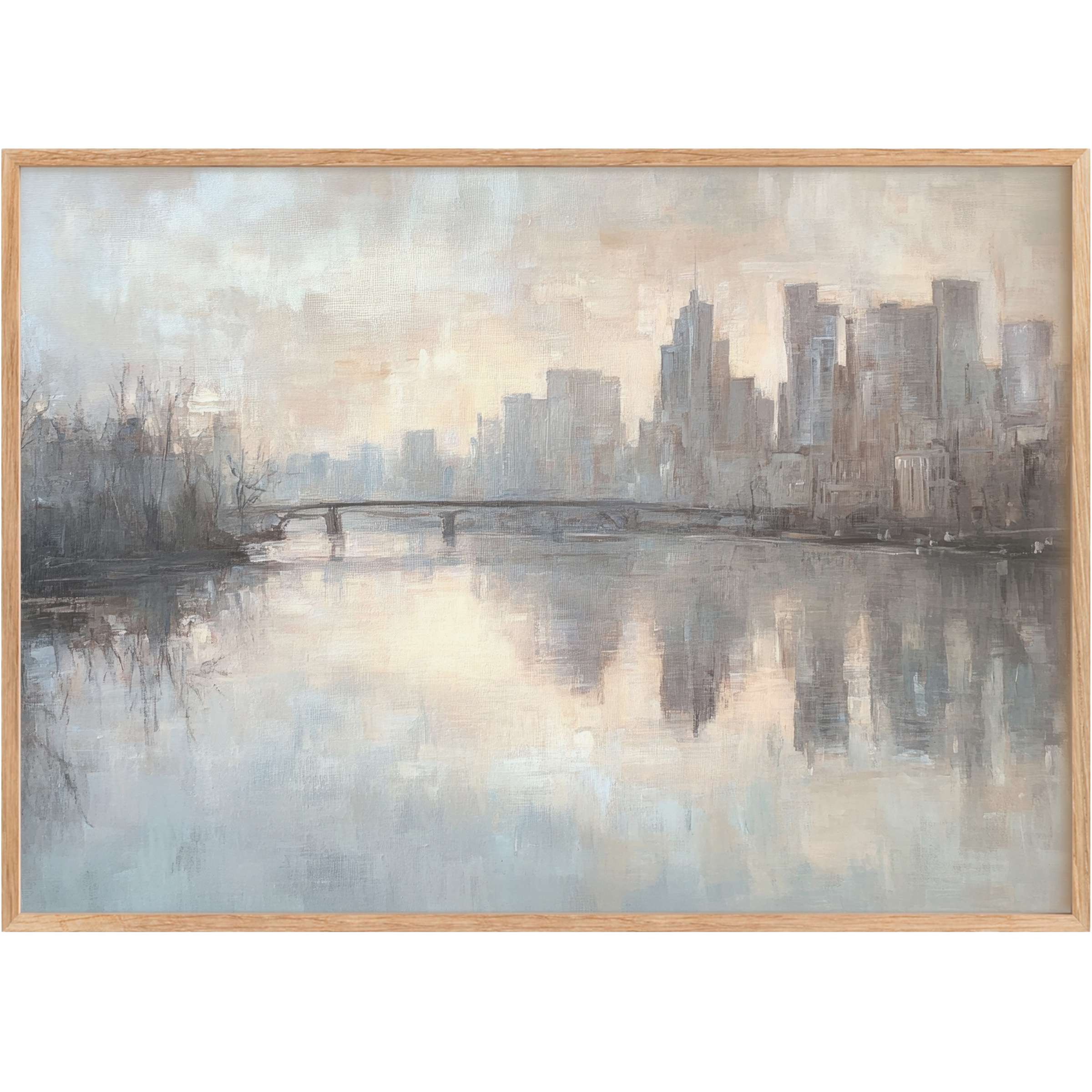 Serene urban printable wall art capturing a misty city skyline in muted grays and soft blues, evoking calm sophistication and modern elegance