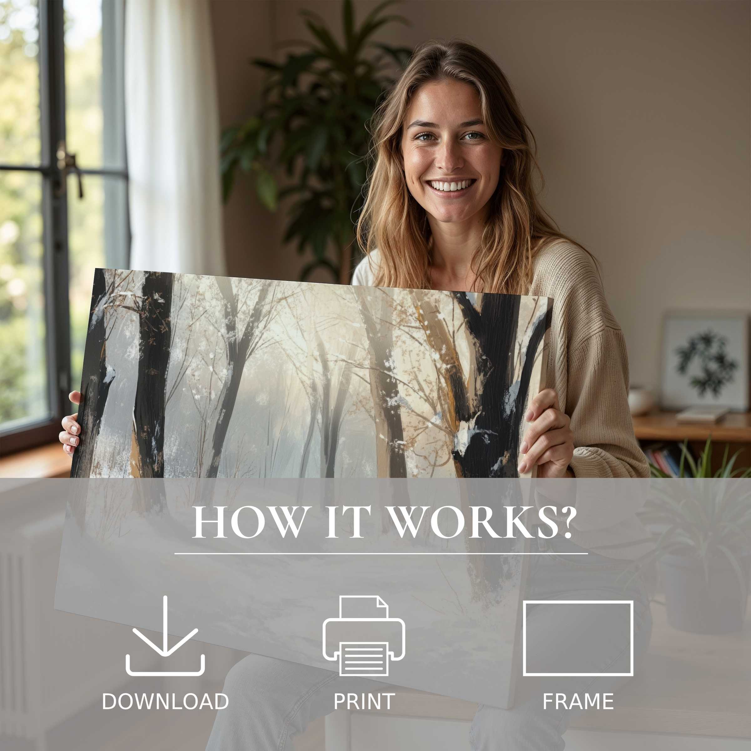 Radiant joy illuminates a serene living space as a woman embraces a tree digital art print, inviting nature's calm into modern home decor