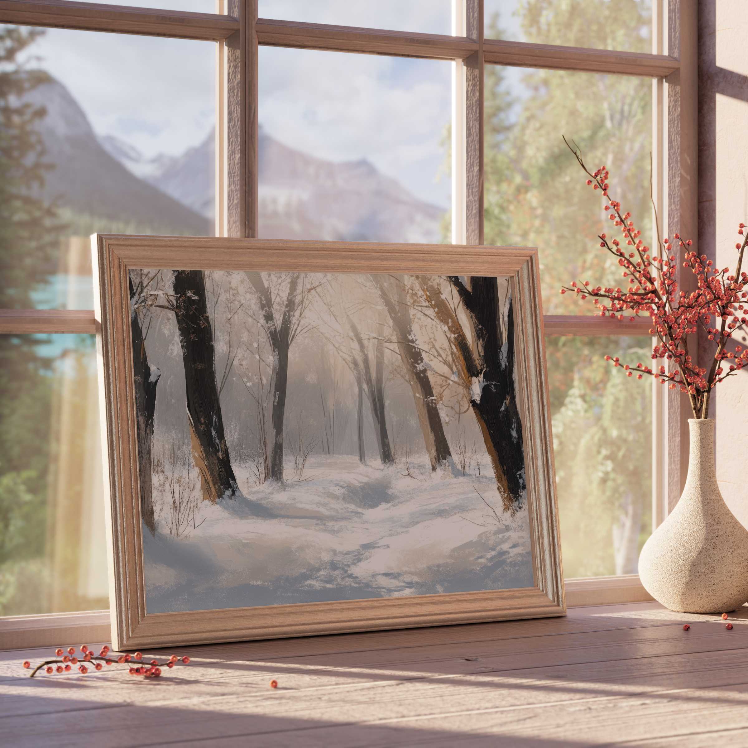 Winter forest scene tree downloadable art in a natural wood frame, evoking serene, tranquil vibes for elegant, curated interiors