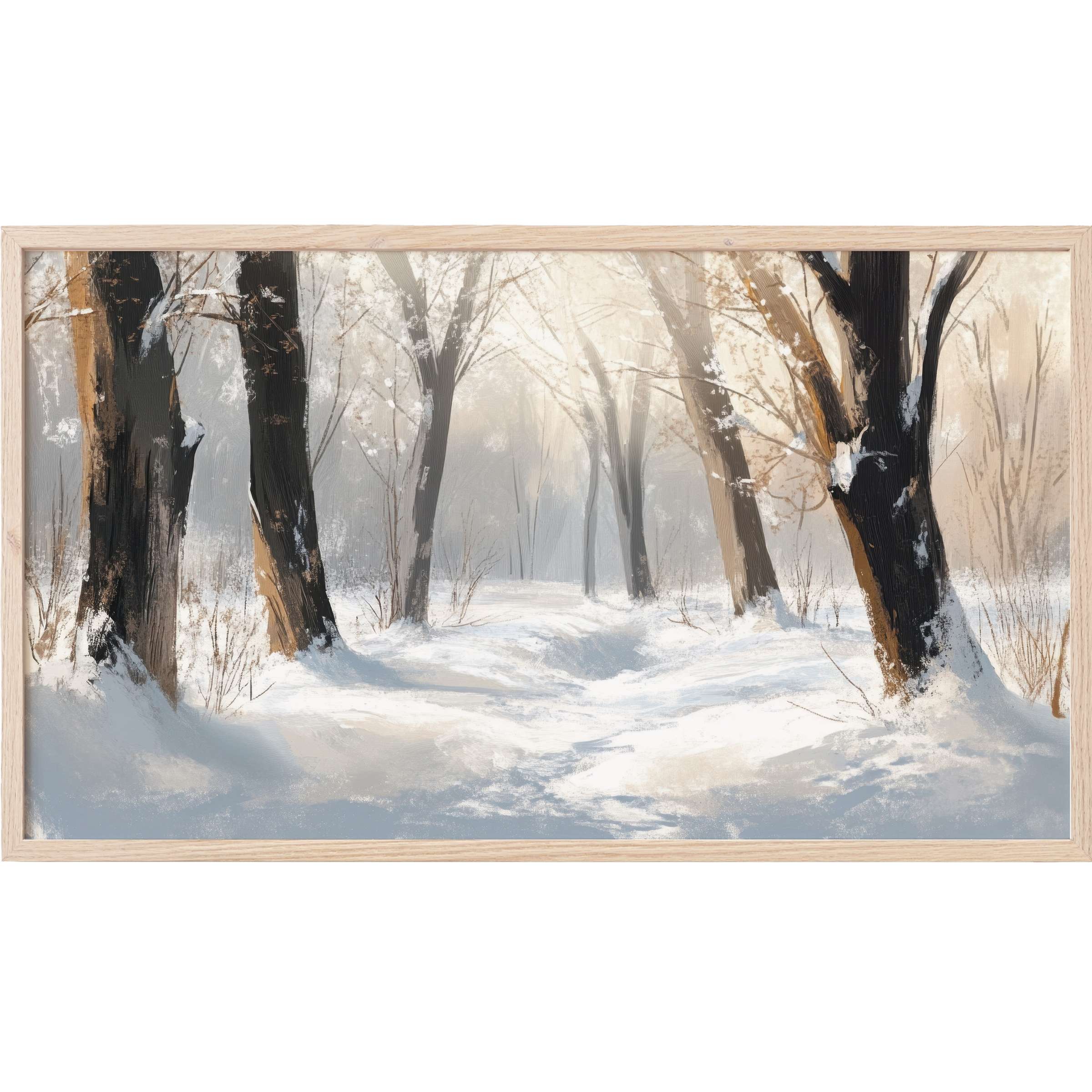 Serene winter woodland in muted grays and warm browns, a peaceful tree Frame TV Art with modern elegance