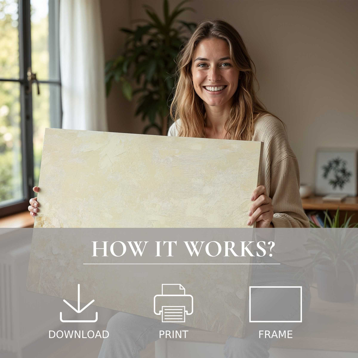 Woman joyfully presents a vintage digital art print in soft beige hues, embodying serene elegance and effortless style at home