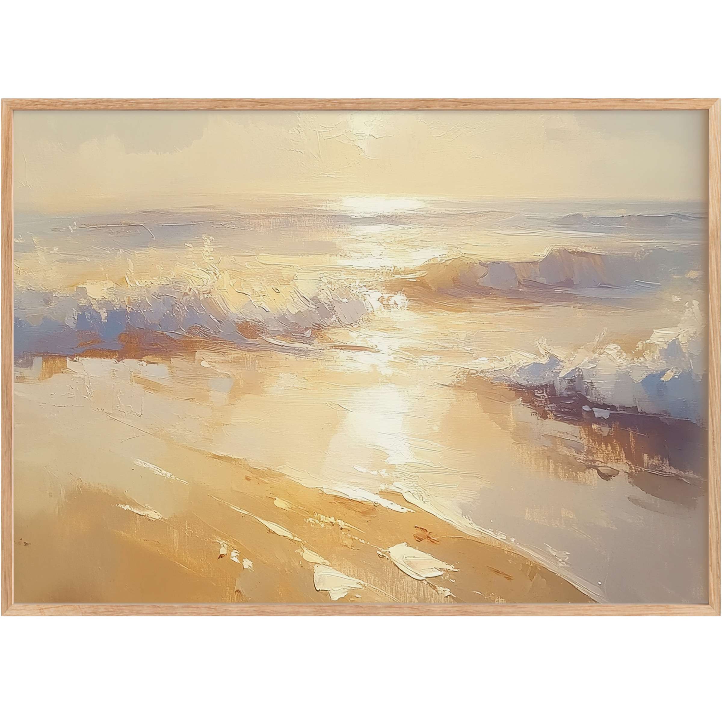 Radiant summer printable wall art capturing serene beach waves in warm golds and soft blues, evoking tranquil coastal elegance