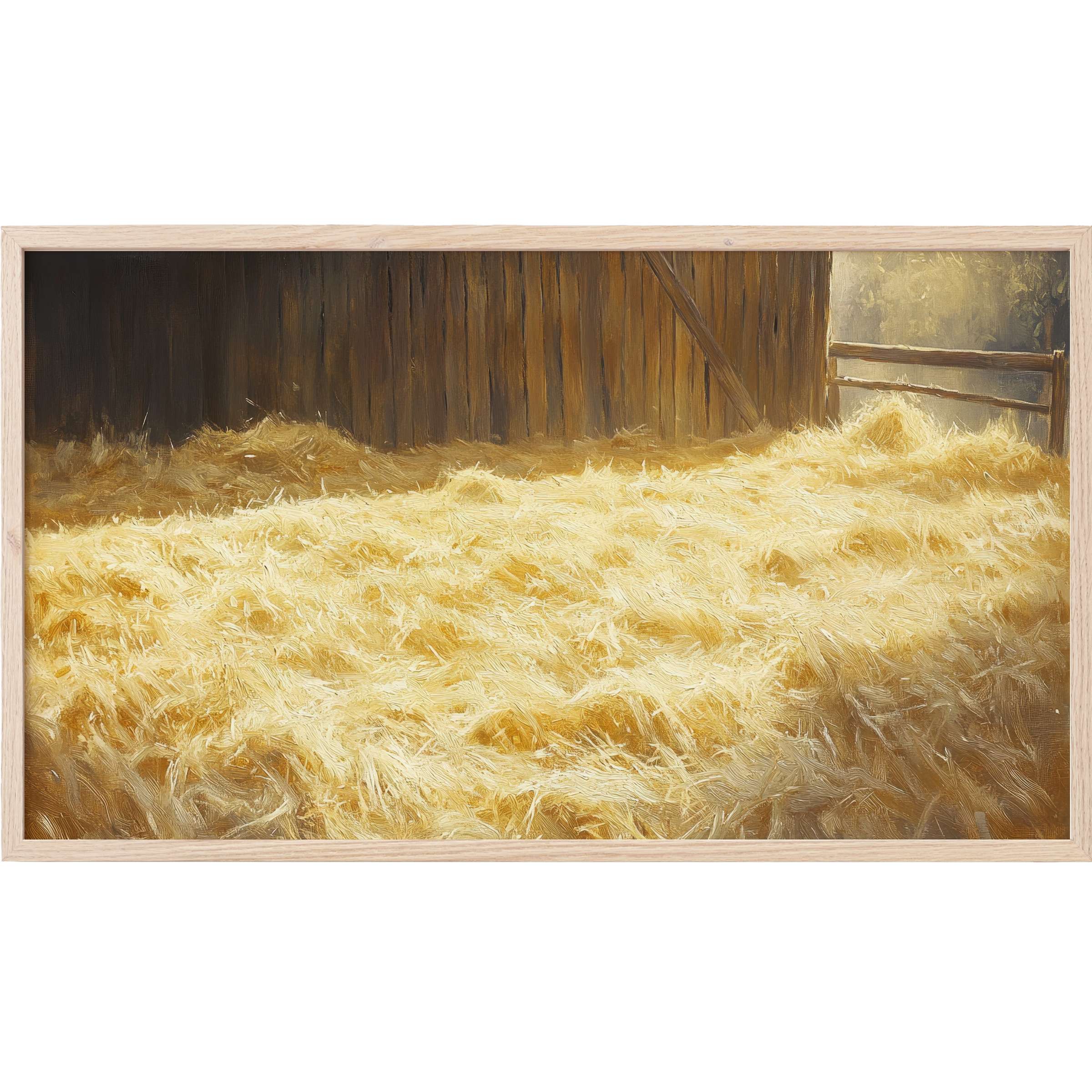 Farmhouse Frame TV Art showing warm golden hay inside rustic barn with soft light and natural wood tones