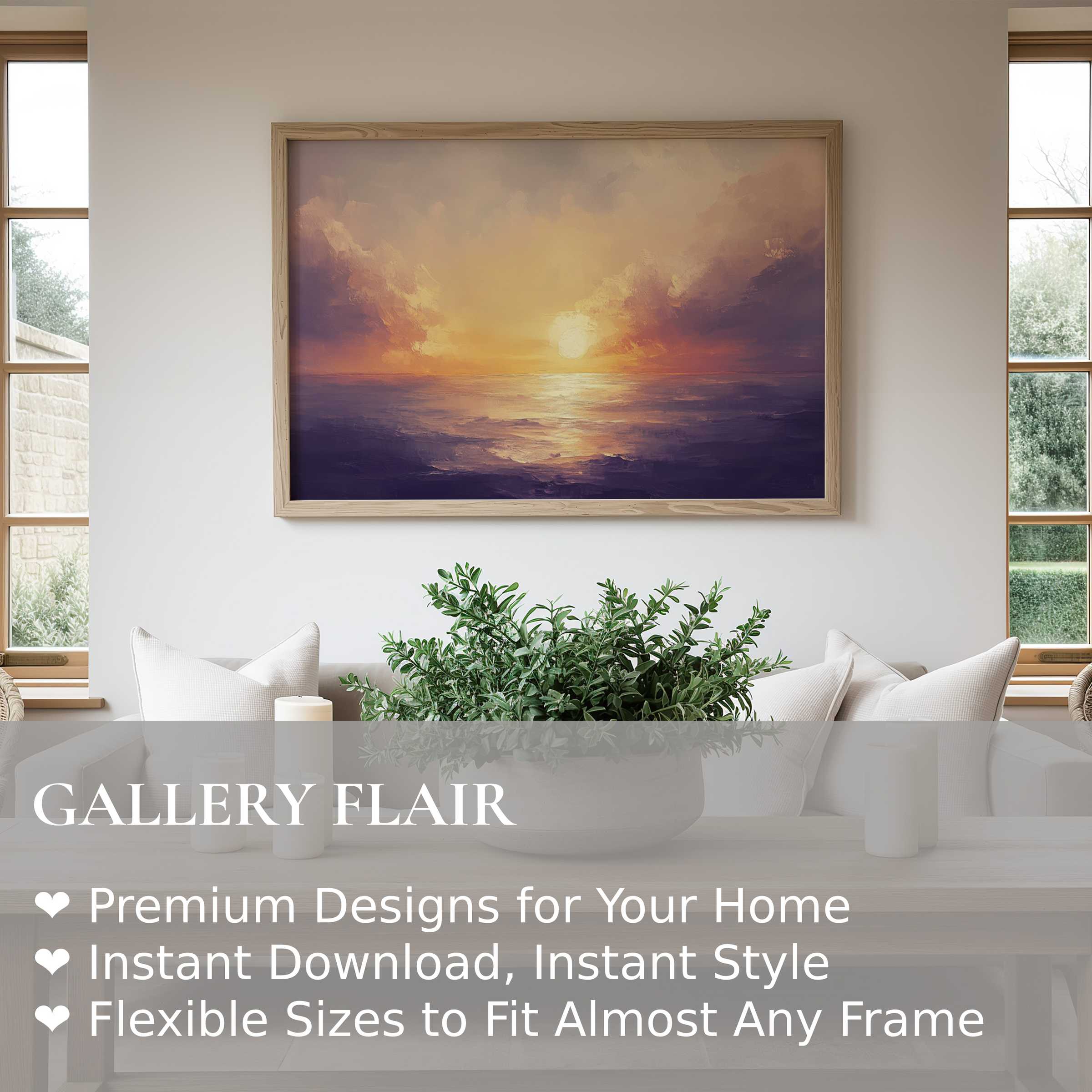 Serene landscape wall art print capturing a radiant sunset over tranquil ocean waves, enhancing modern minimalist interiors with calming warmth and elegance