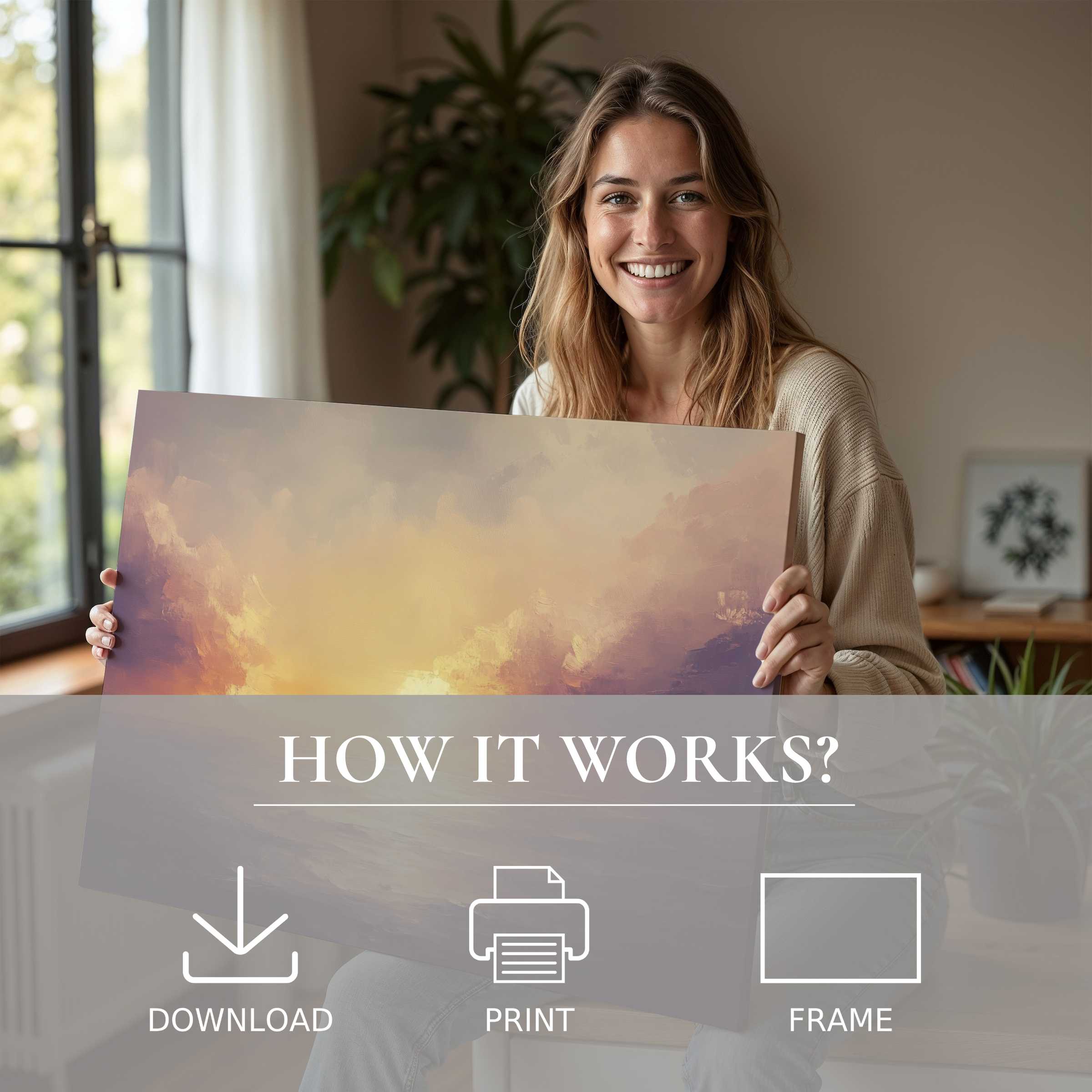 A radiant moment of connection and joy as a woman embraces a landscape digital art print, infusing her modern home with serene warmth and effortless elegance