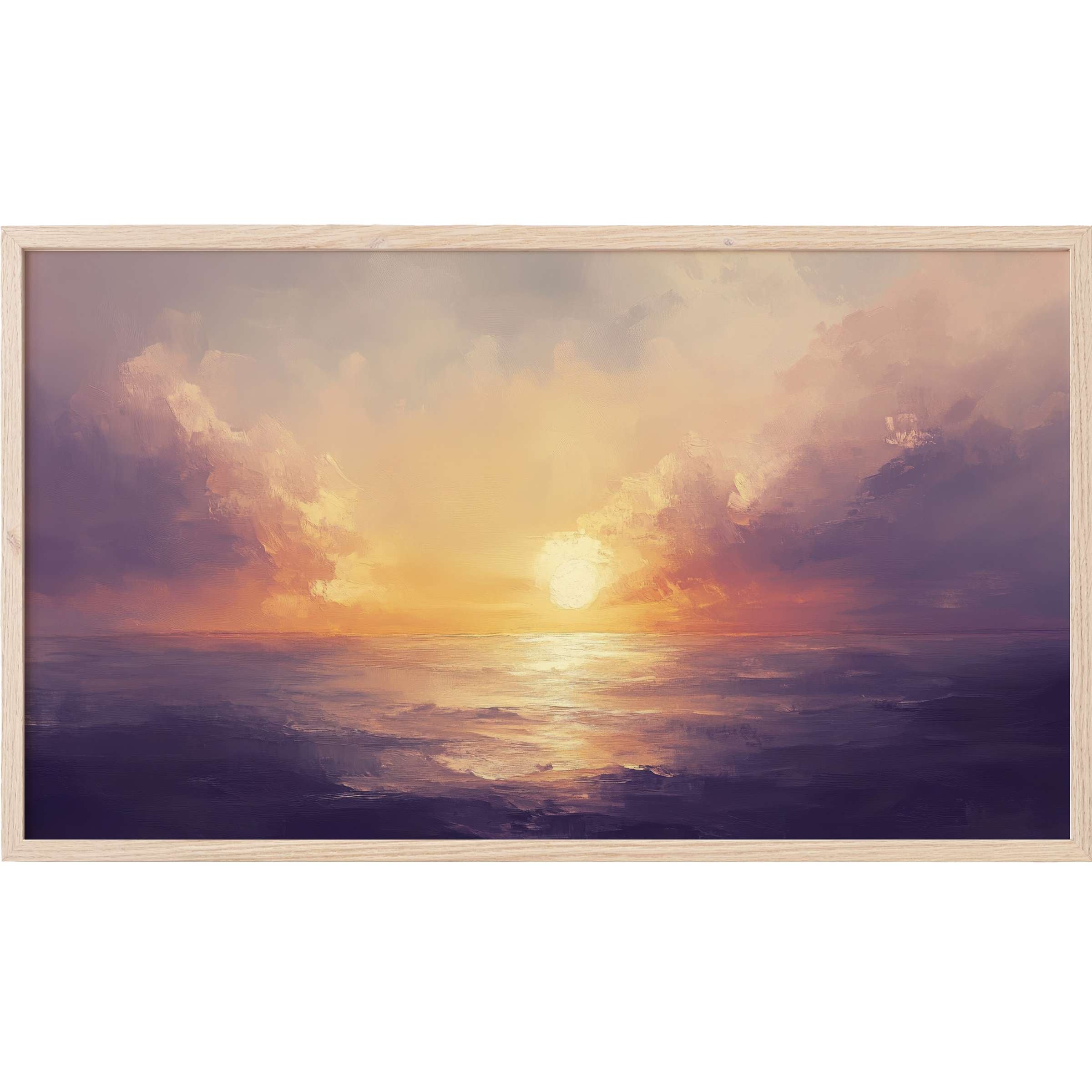Soft pastel hues and textured brushstrokes blend warm gold and deep violet in this serene landscape Frame TV Art