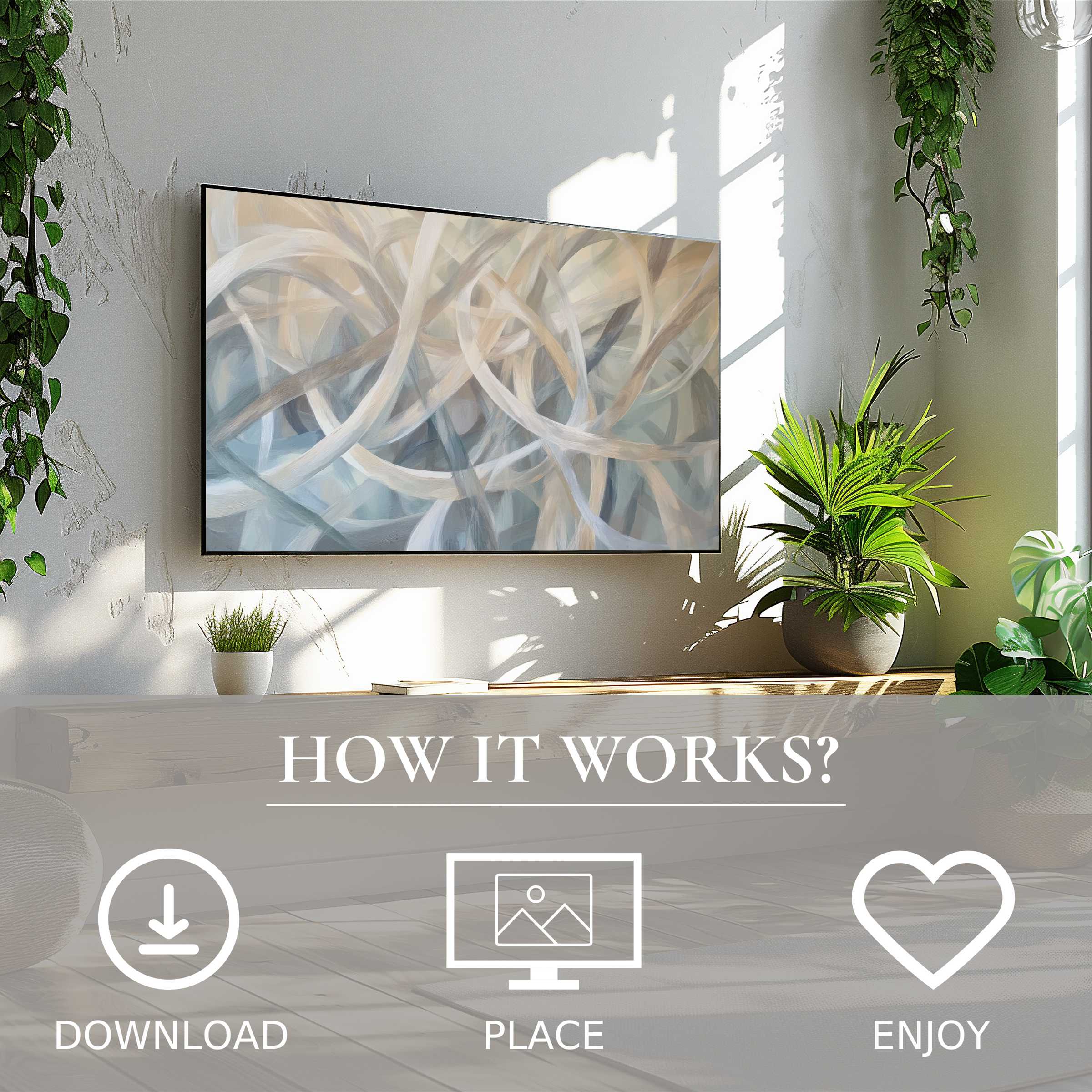 Abstract art for Samsung TV in a bright living room, soft beige and blue color flow, easy digital download display