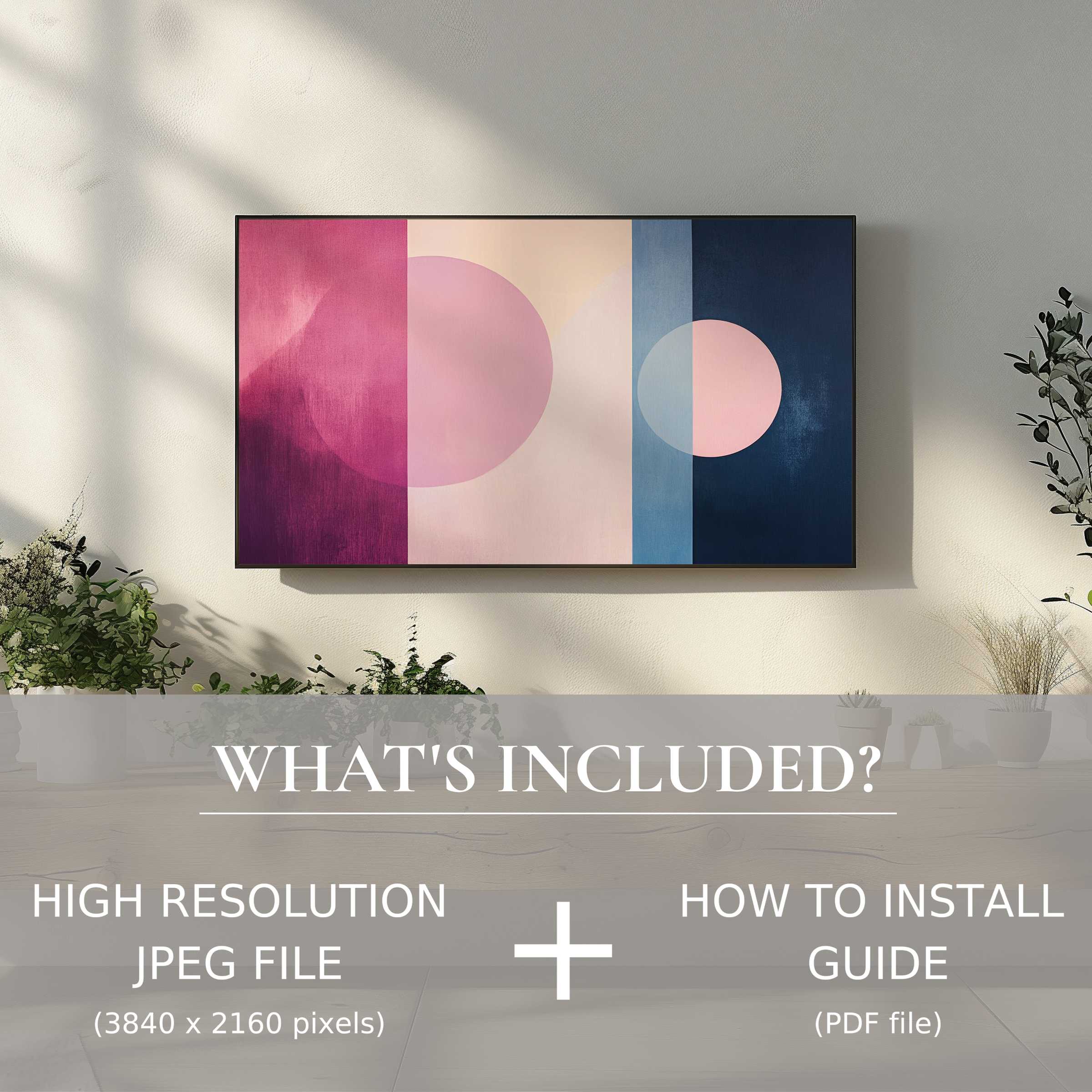 Elegant modern digital TV art download with easy digital use, enhancing stylish living spaces with vibrant geometric design