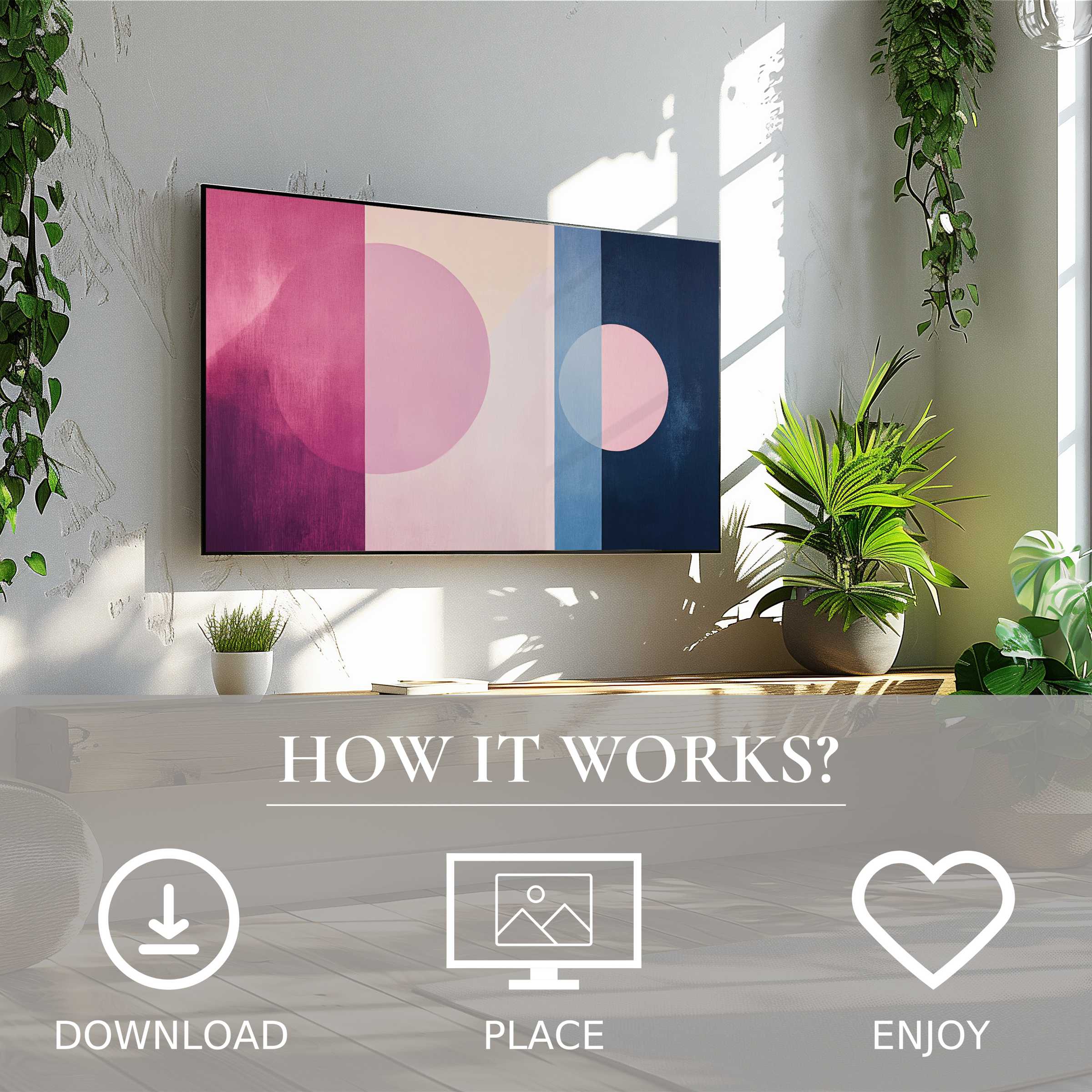 Modern art for Samsung TV with soft color flow motif, easy digital download enriching stylish living spaces with simplicity