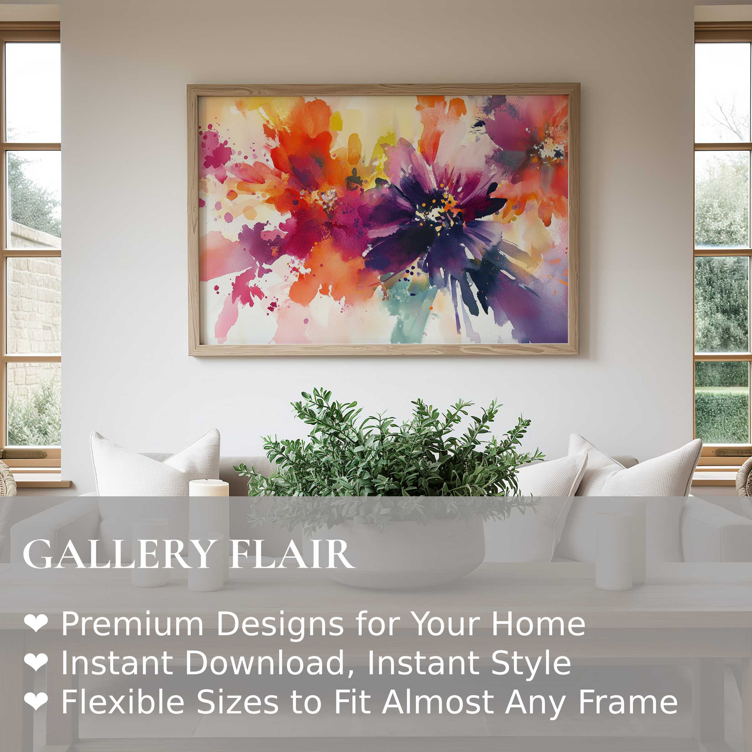 Vibrant floral wall art print with radiant splashes of crimson, purple, and orange energizes a minimalist modern living room