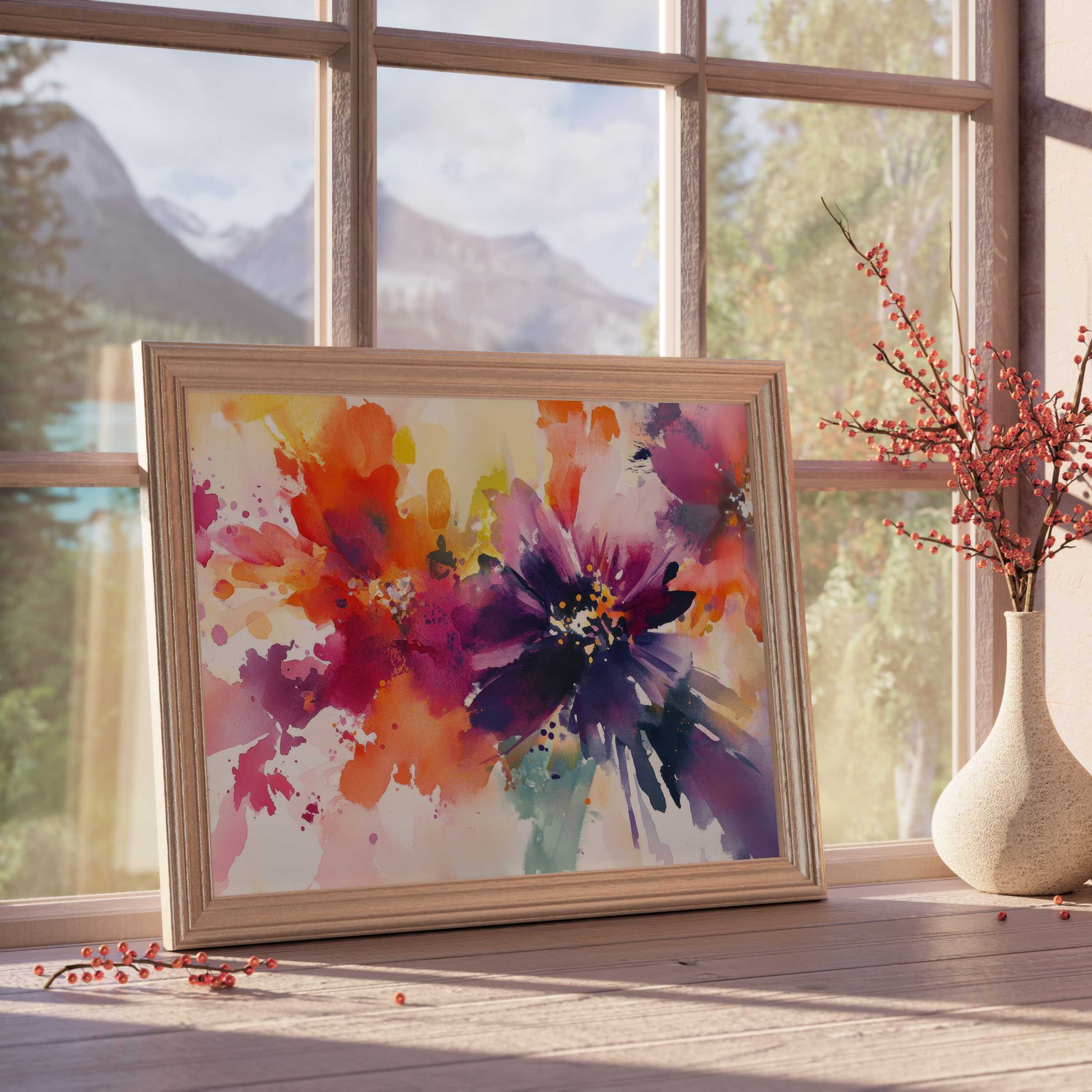 Vibrant floral downloadable art bursting with rich purples, fiery oranges, and warm reds, perfect for curated, tranquil interiors