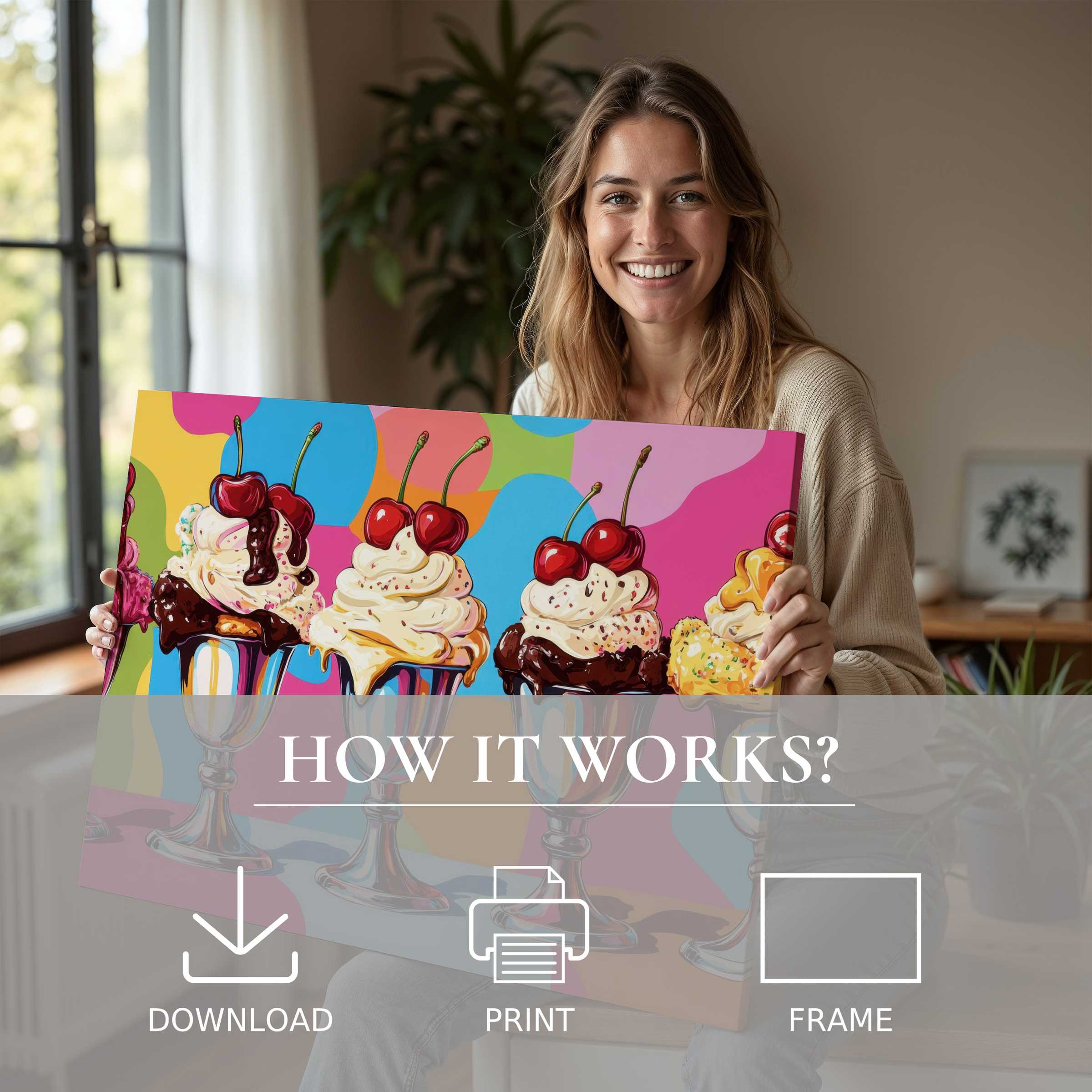 Elegant pop art digital art print embraced in a serene home, inspiring joyful connection and effortless style for refined living