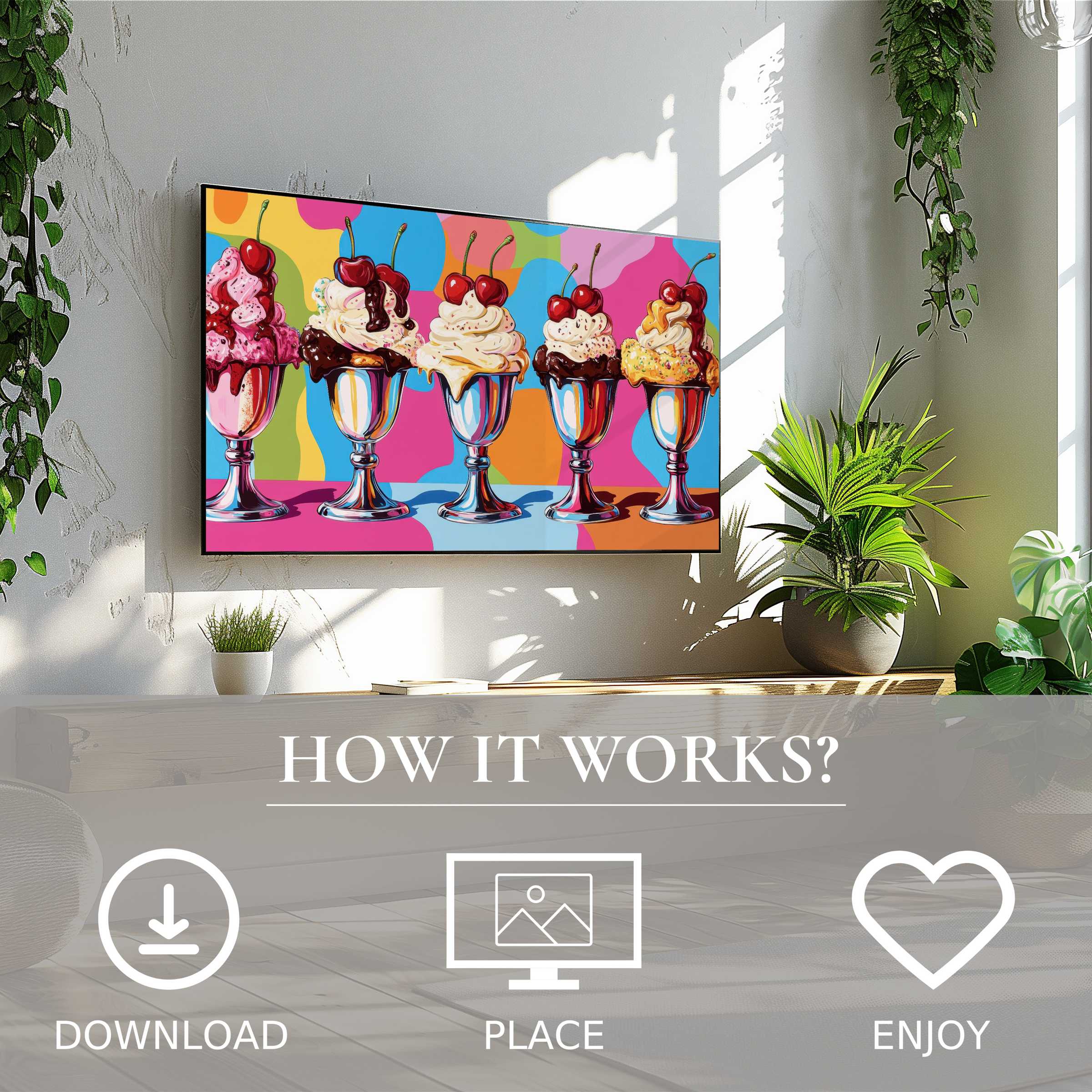 Pop art art for Samsung TV with vibrant ice cream motif, easy digital download enriching modern living spaces