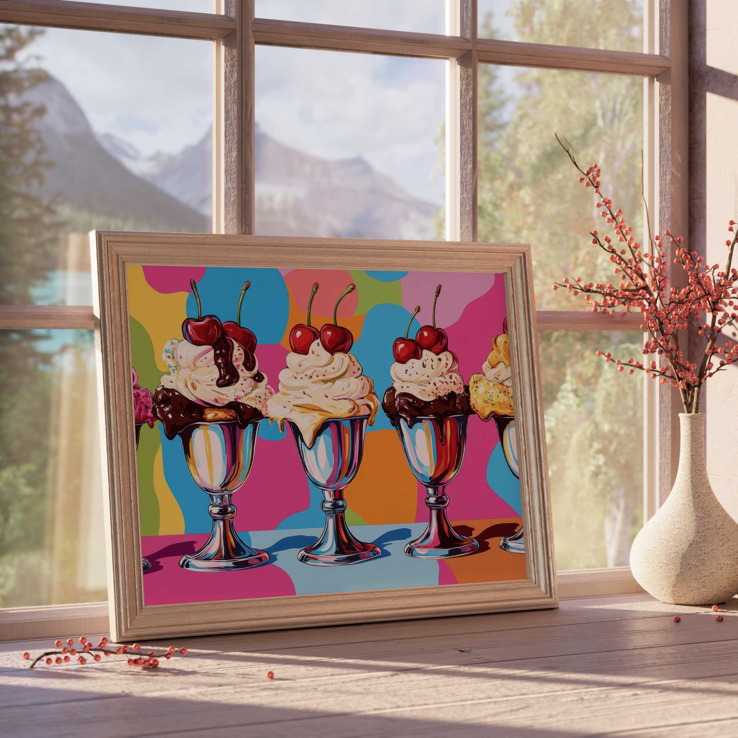 Vibrant pop art downloadable art featuring playful ice cream sundaes with cherries, enhancing curated, joyful interiors