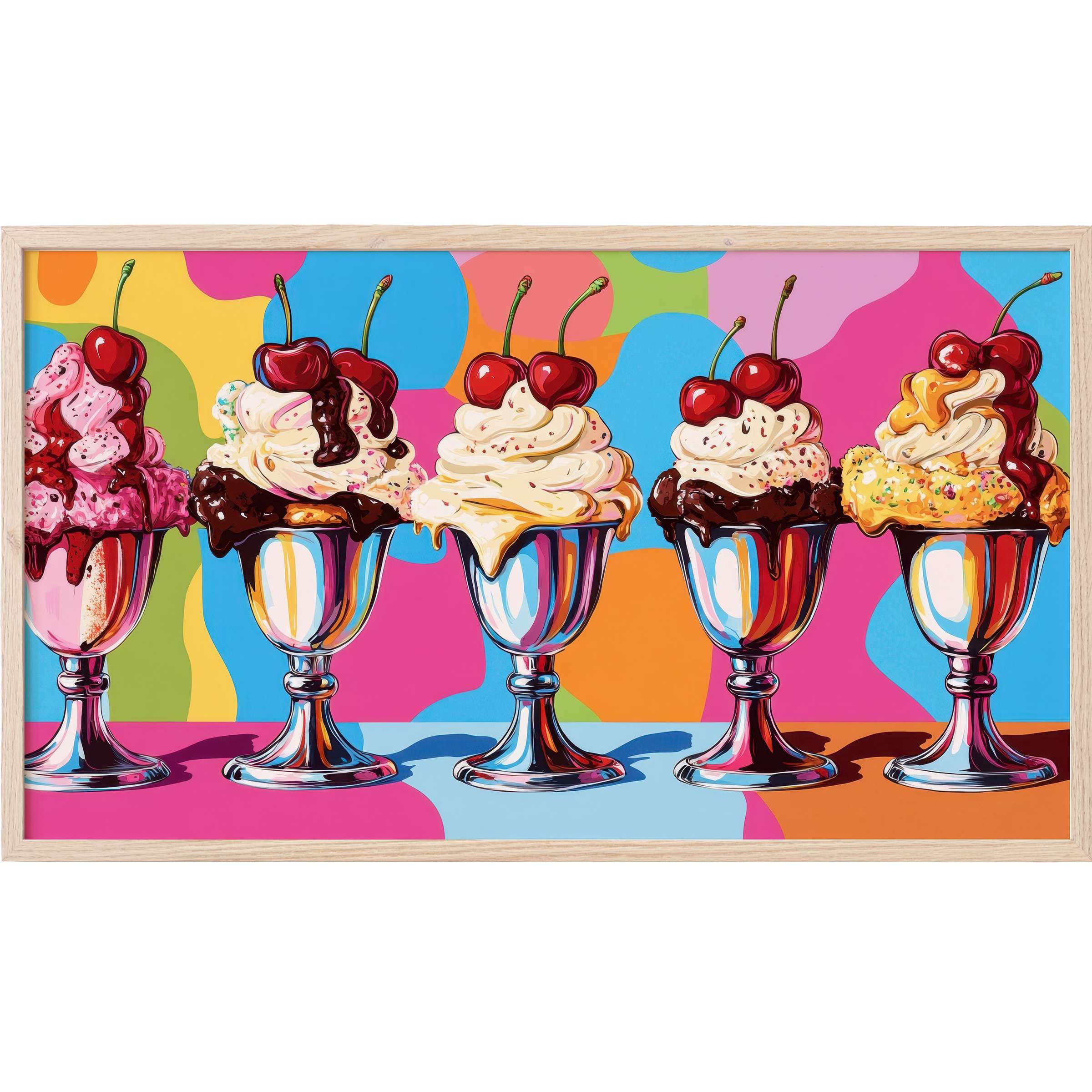 Vibrant pop art Frame TV Art of five chrome dessert cups with creamy swirls, cherries, and bold multicolor abstract background