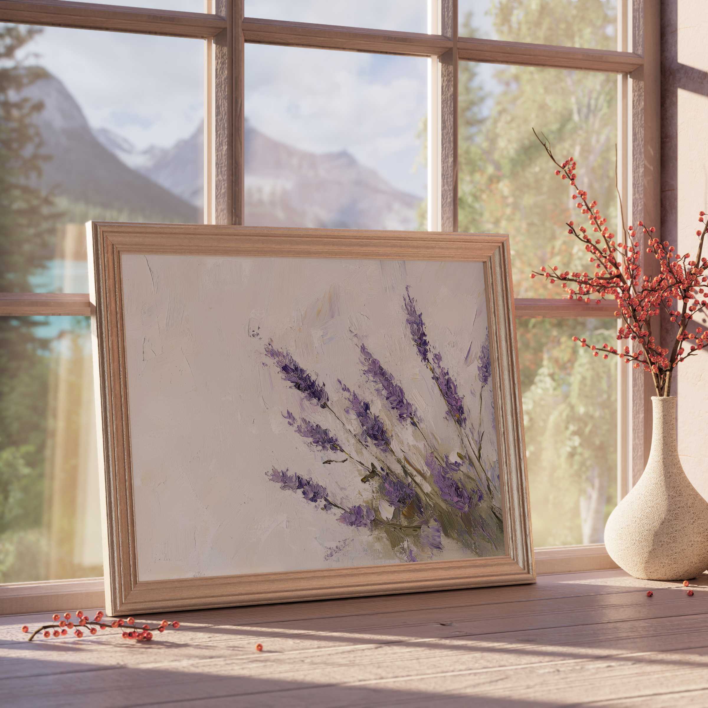 Spring downloadable art featuring delicate lavender blooms in soft pastels, enhancing tranquil, curated interiors with elegant botanical charm