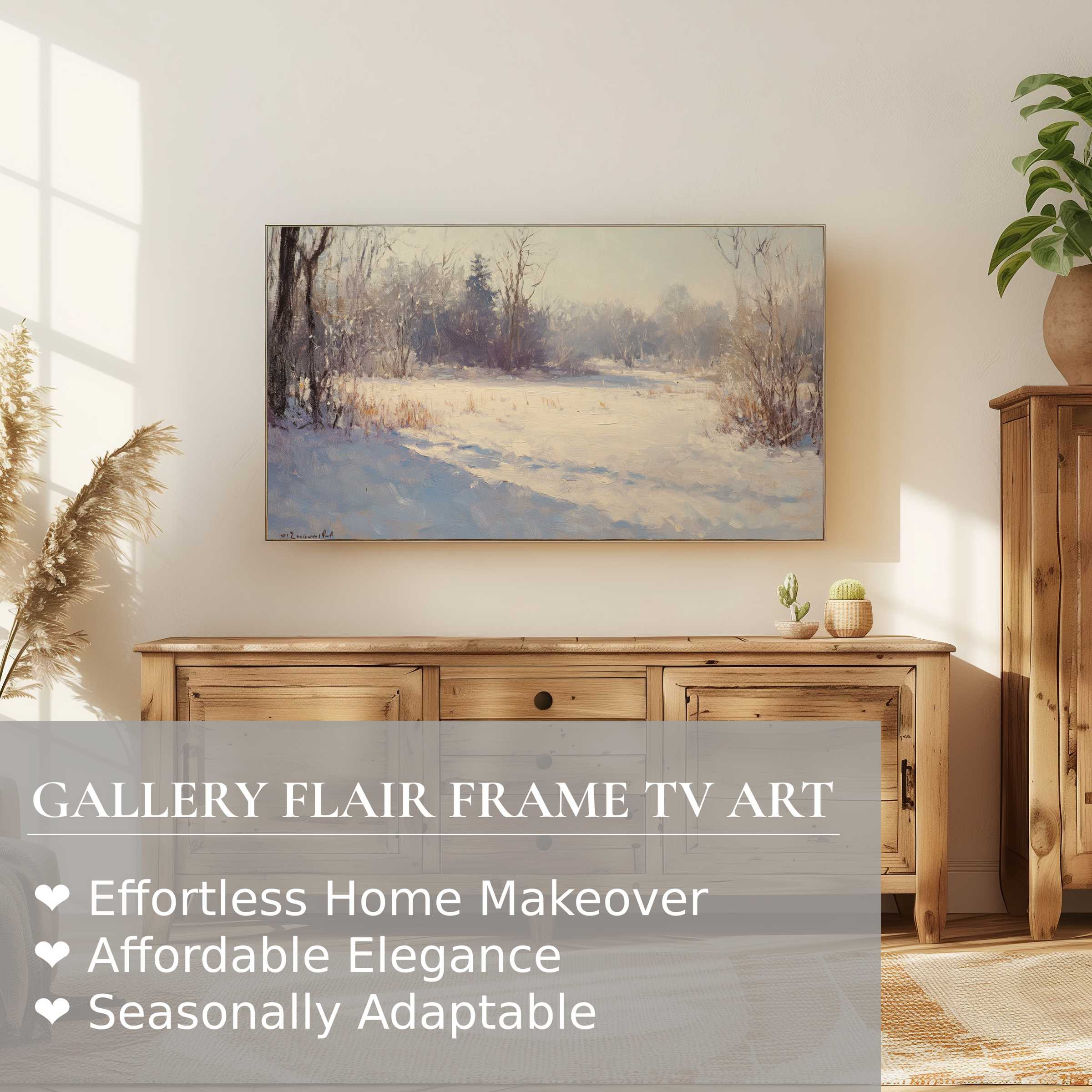 Samsung Frame TV displays serene winter digital artwork, blending modern elegance with cozy home decor charm