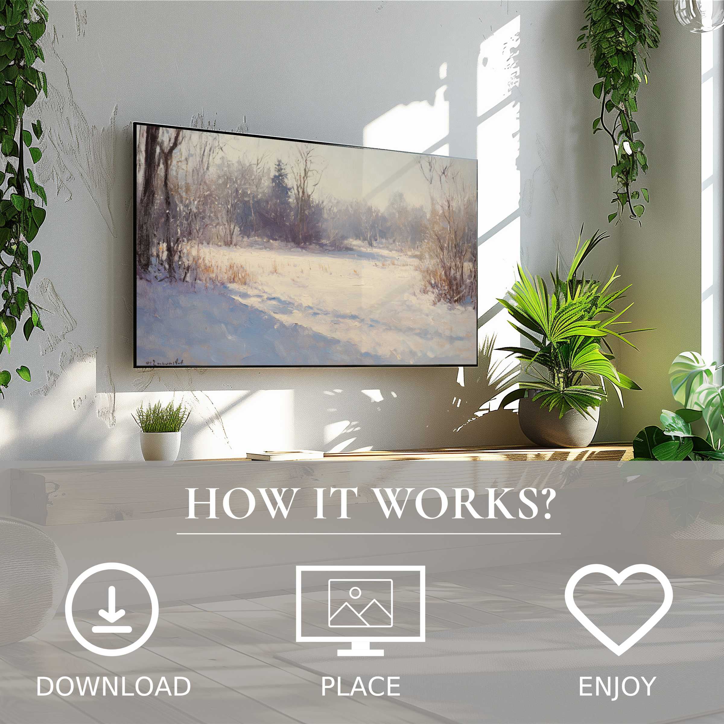 Winter art for Samsung TV shows soft snowy landscape, easy digital download that elevates stylish living spaces effortlessly