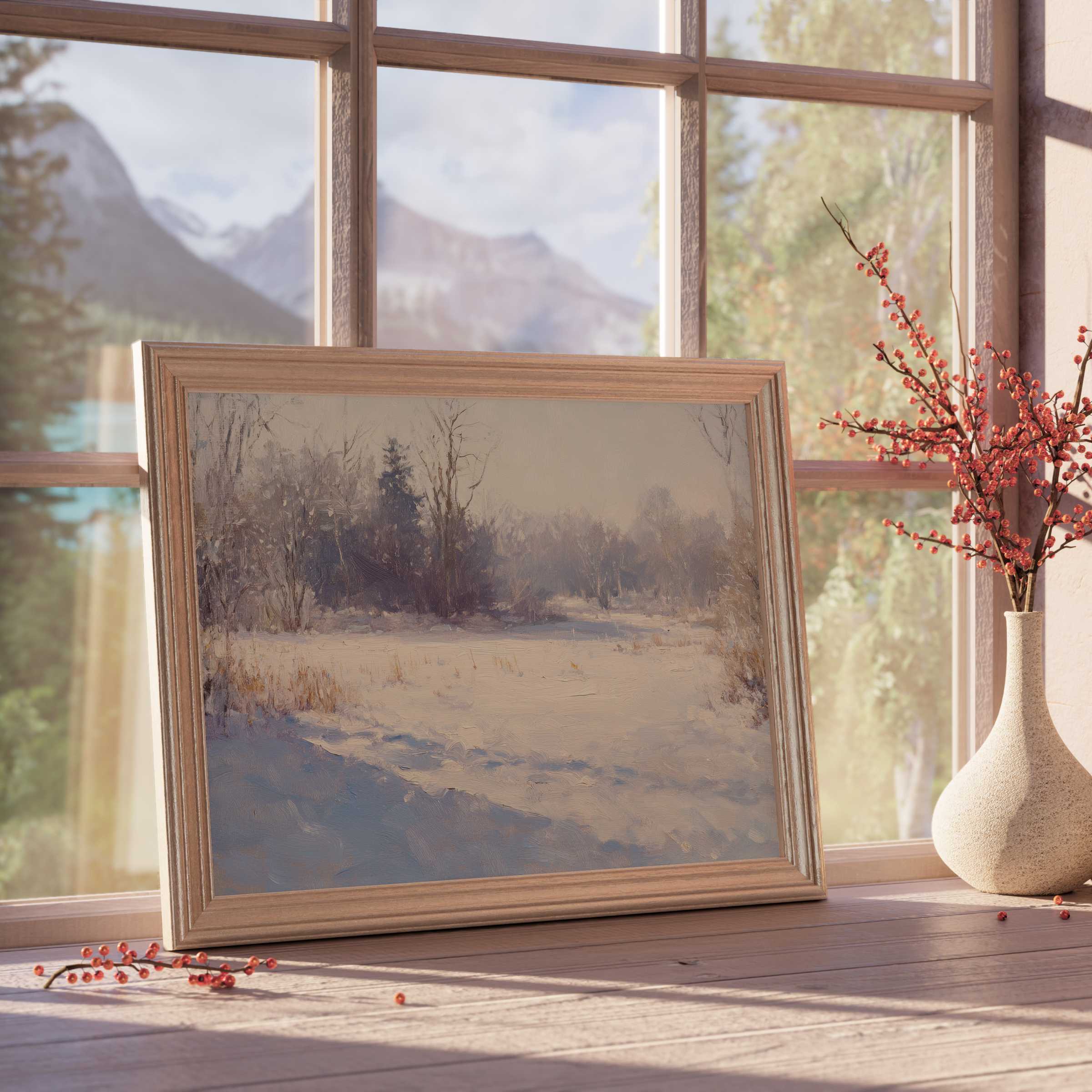 Winter downloadable art capturing serene snowy landscapes, infusing modern interiors with calming, curated elegance and cozy sophistication