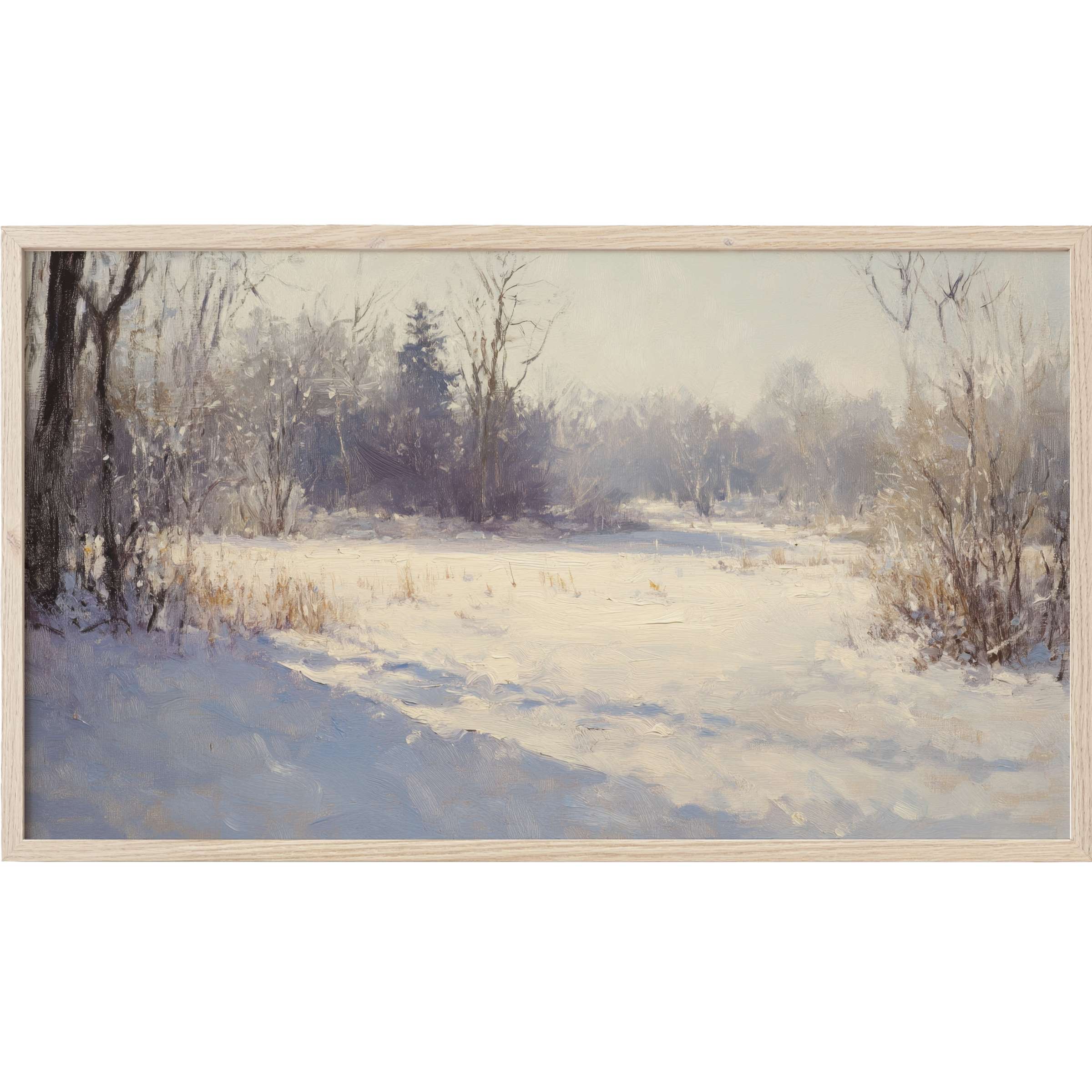 Serene winter landscape in soft blues and neutrals, showcasing delicate light and shadow, winter Frame TV Art