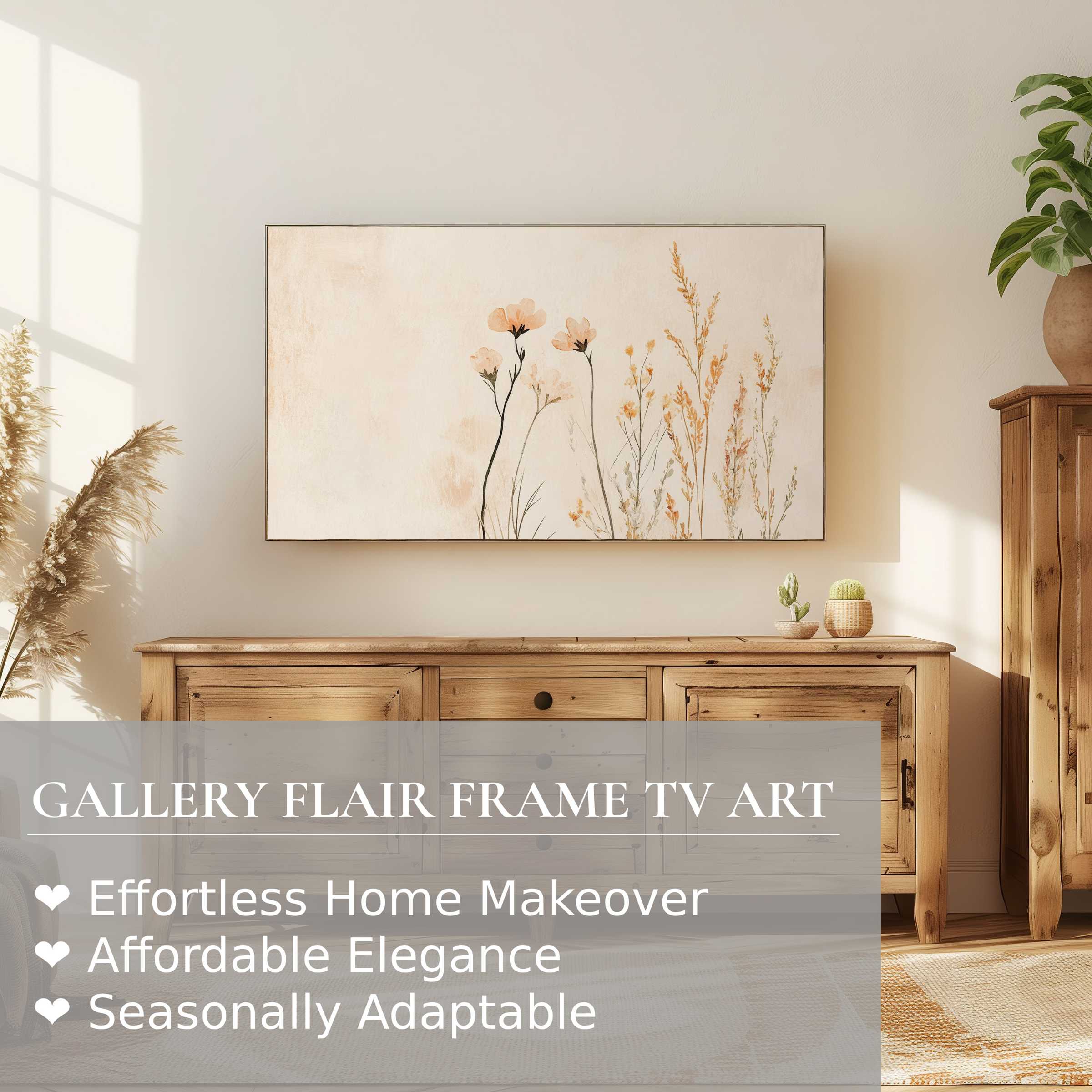 Samsung Frame TV showing boho digital artwork of delicate wildflowers in an elegant, sunlit modern living room