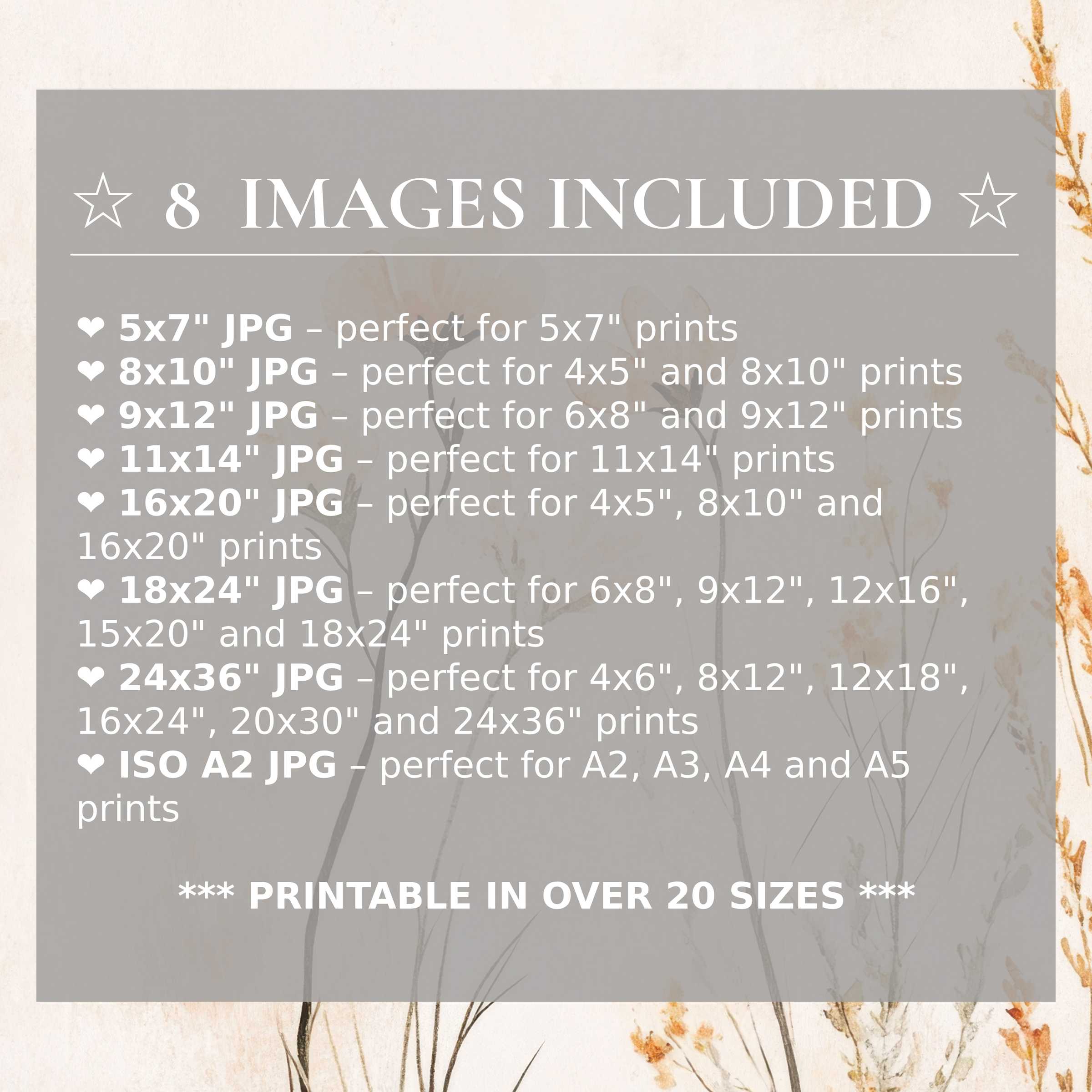 Boho digital print radiates warm, earthy tones with delicate florals, included in 8 high-quality sizes for versatile luxury decor