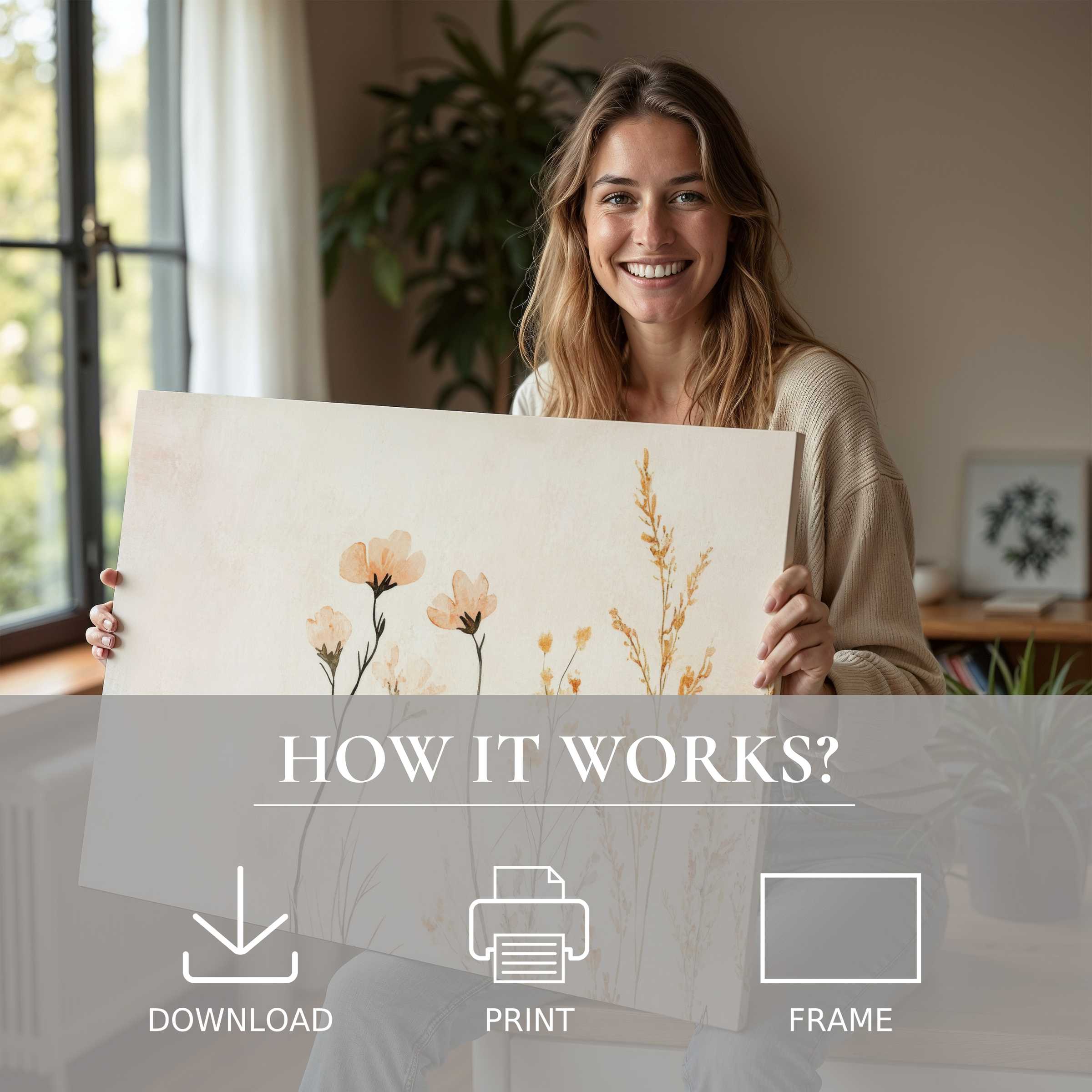 Woman sharing a boho digital art print in a serene, stylish home, embodying joy and effortless elegance in art living