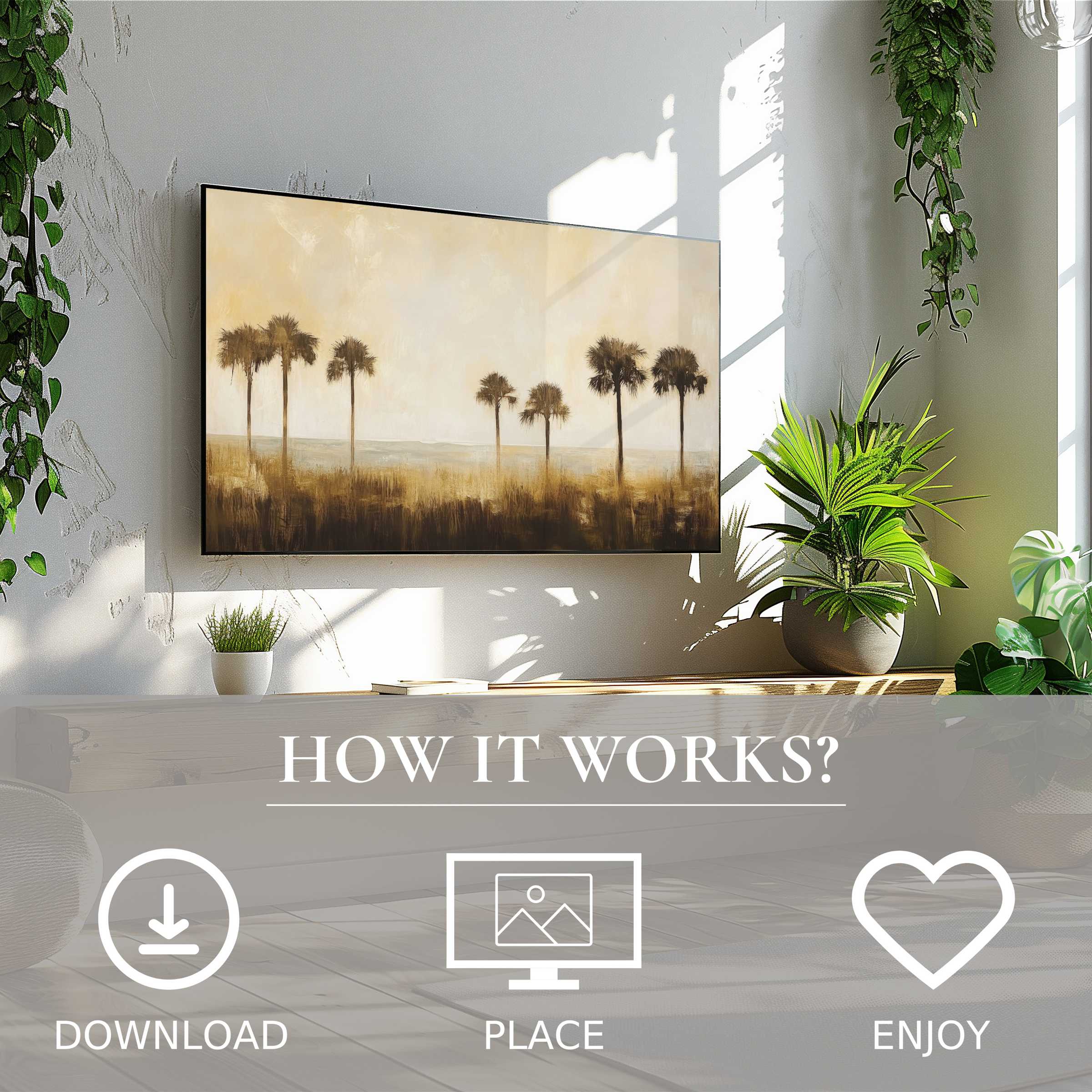 Minimalist living room with coastal art for Samsung TV; digital download shows soft sunset tones enriching space