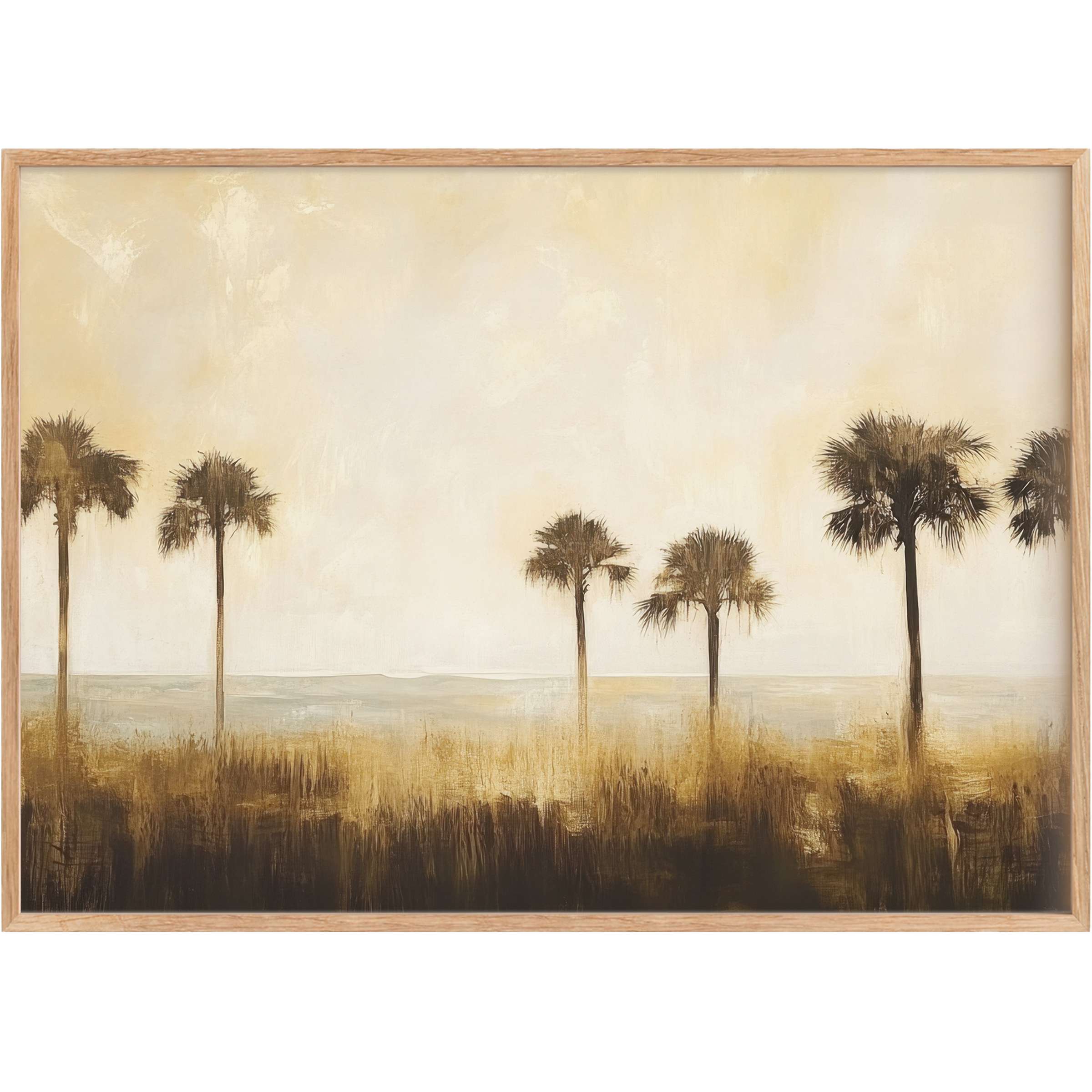 Serene coastal printable wall art featuring soft beige skies and silhouetted palm trees, evoking warm, tranquil elegance