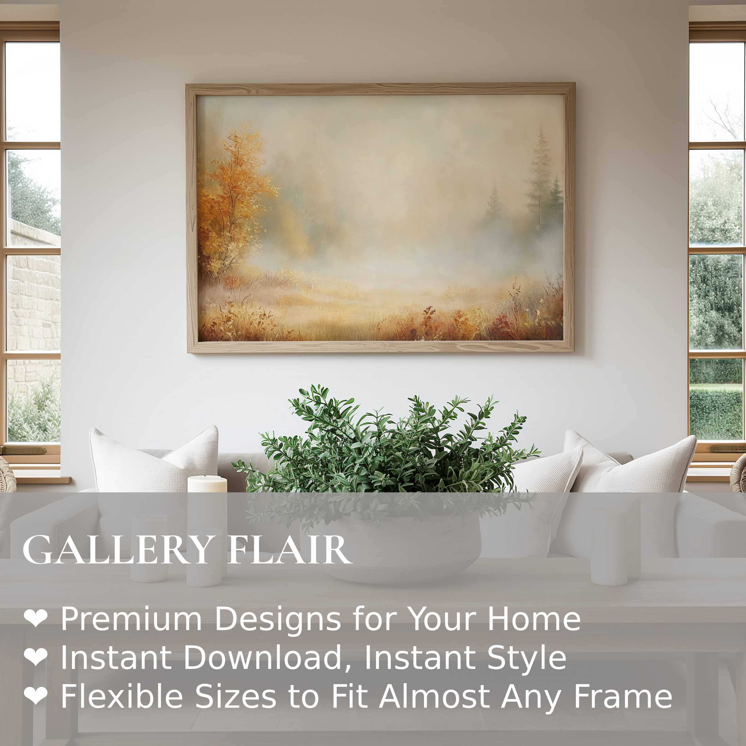 Fall wall art print featuring a serene misty landscape with warm amber trees, enhancing modern minimalist interiors with radiant, calming elegance
