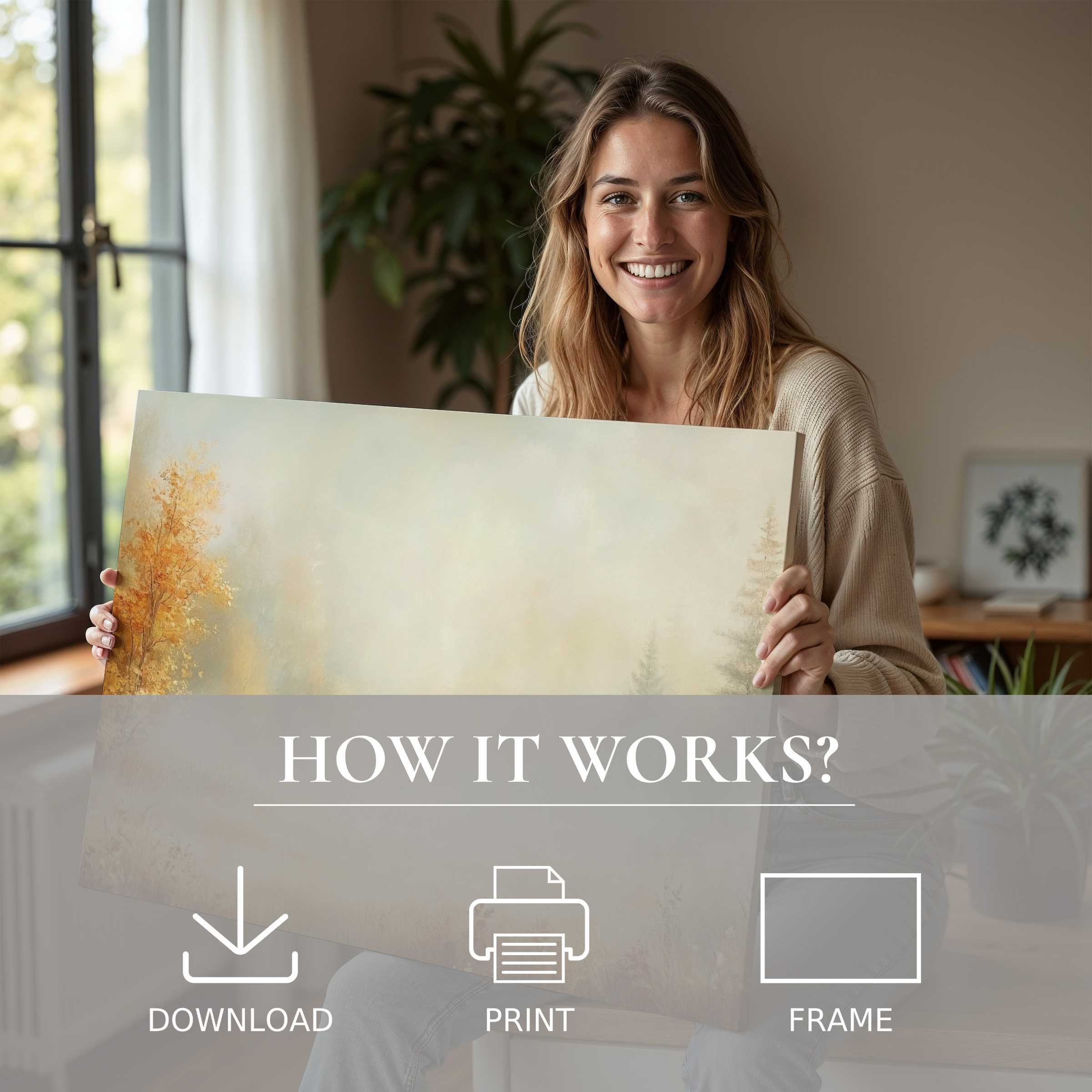 Woman radiates joy in a sunlit modern home, embracing a serene fall digital art print that transforms space with ease