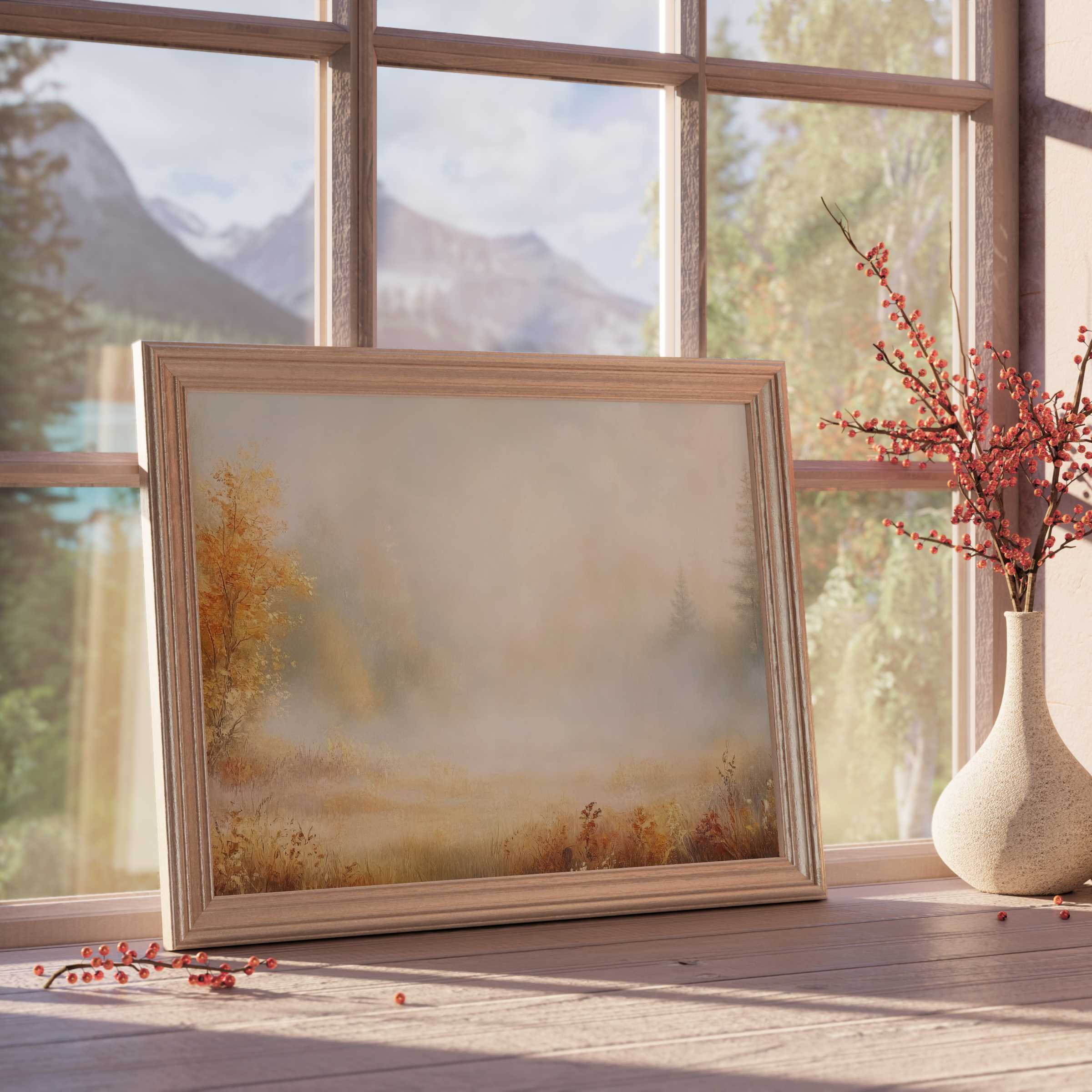 Serene fall downloadable art with misty autumn landscape, perfect for elevating tranquil, curated modern interiors with warm earth tones