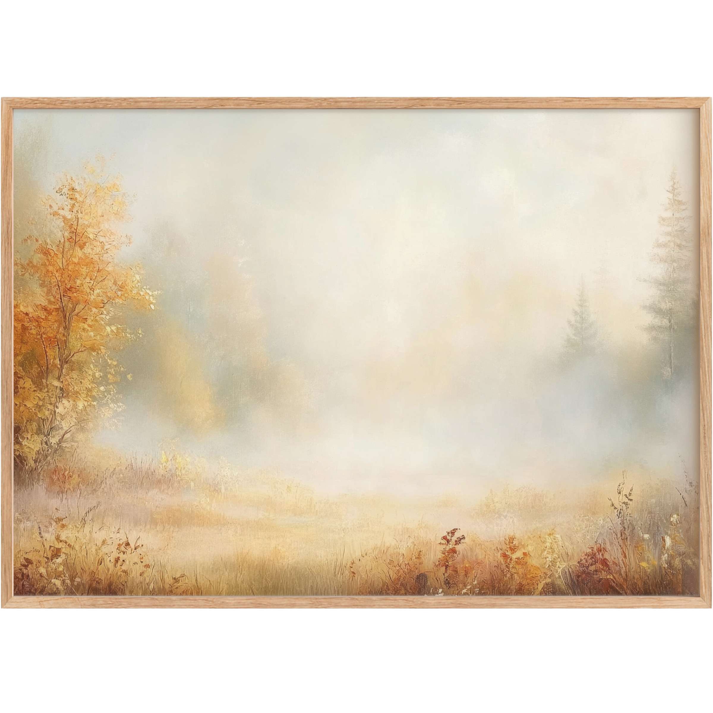 Serene fall printable wall art capturing misty golds and soft ambers, infusing spaces with tranquil, radiant autumn warmth