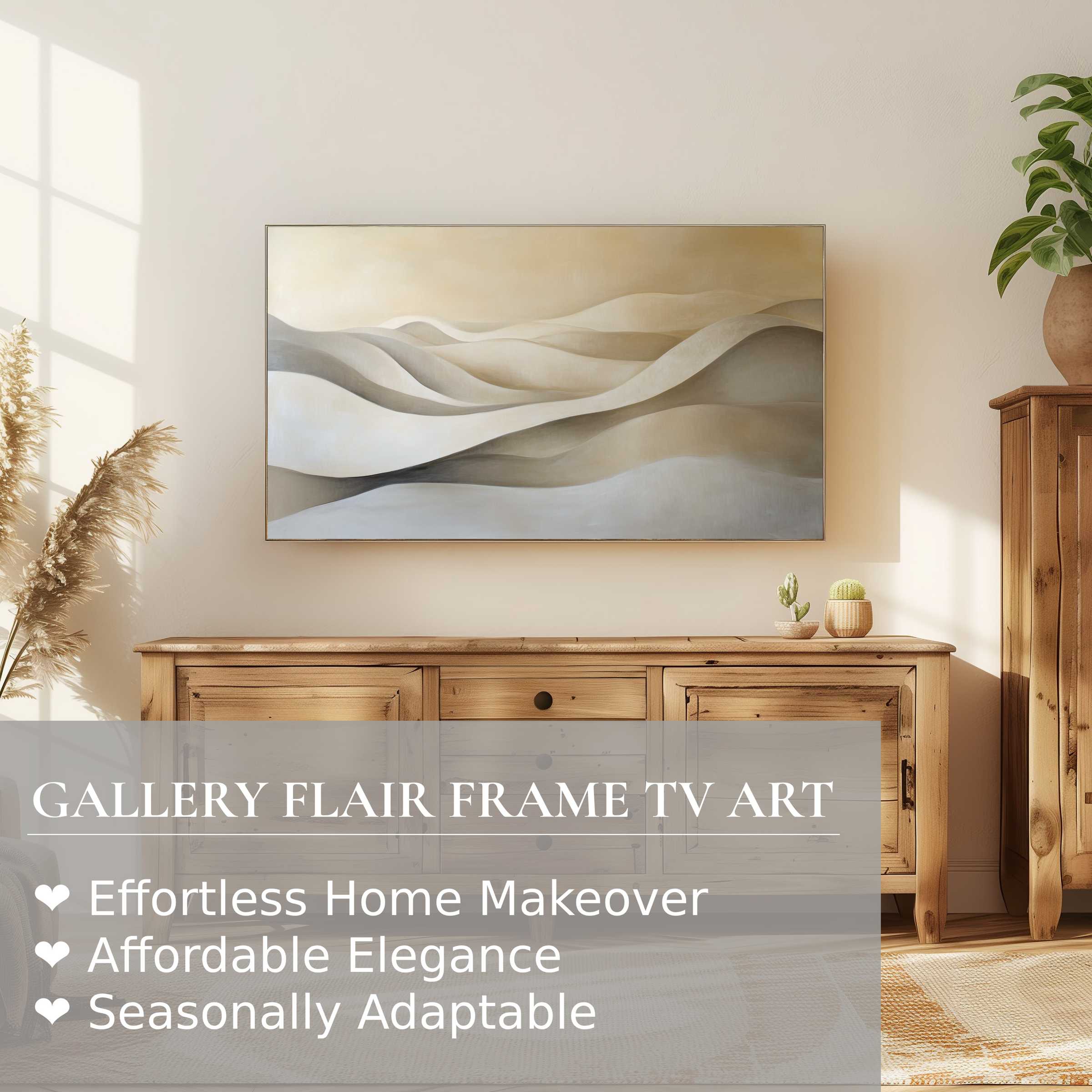 Samsung Frame TV displaying neutral digital artwork of soft flowing hills in a warm, minimalist living space