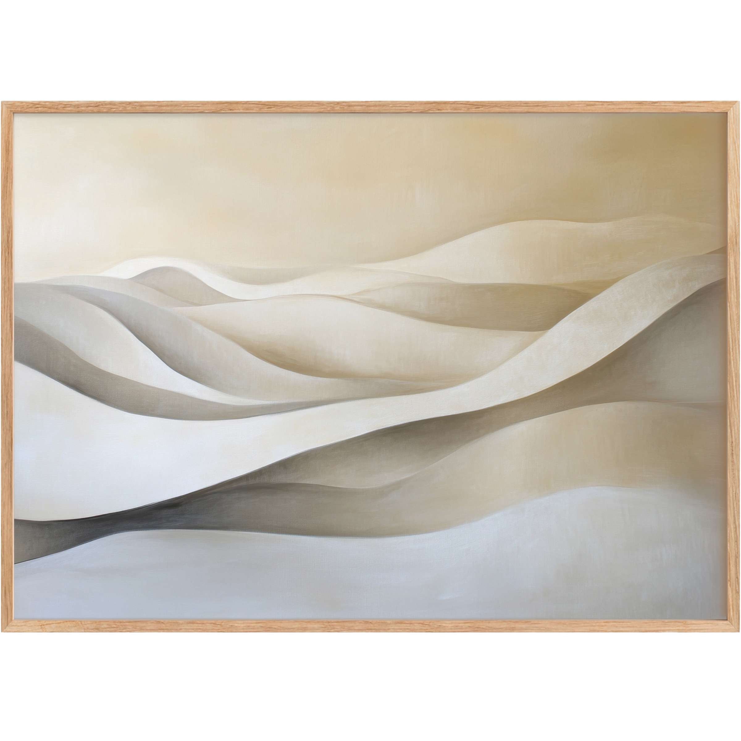 Serene neutral printable wall art with flowing sand dunes in soft beige and taupe tones, evoking calm and refined elegance