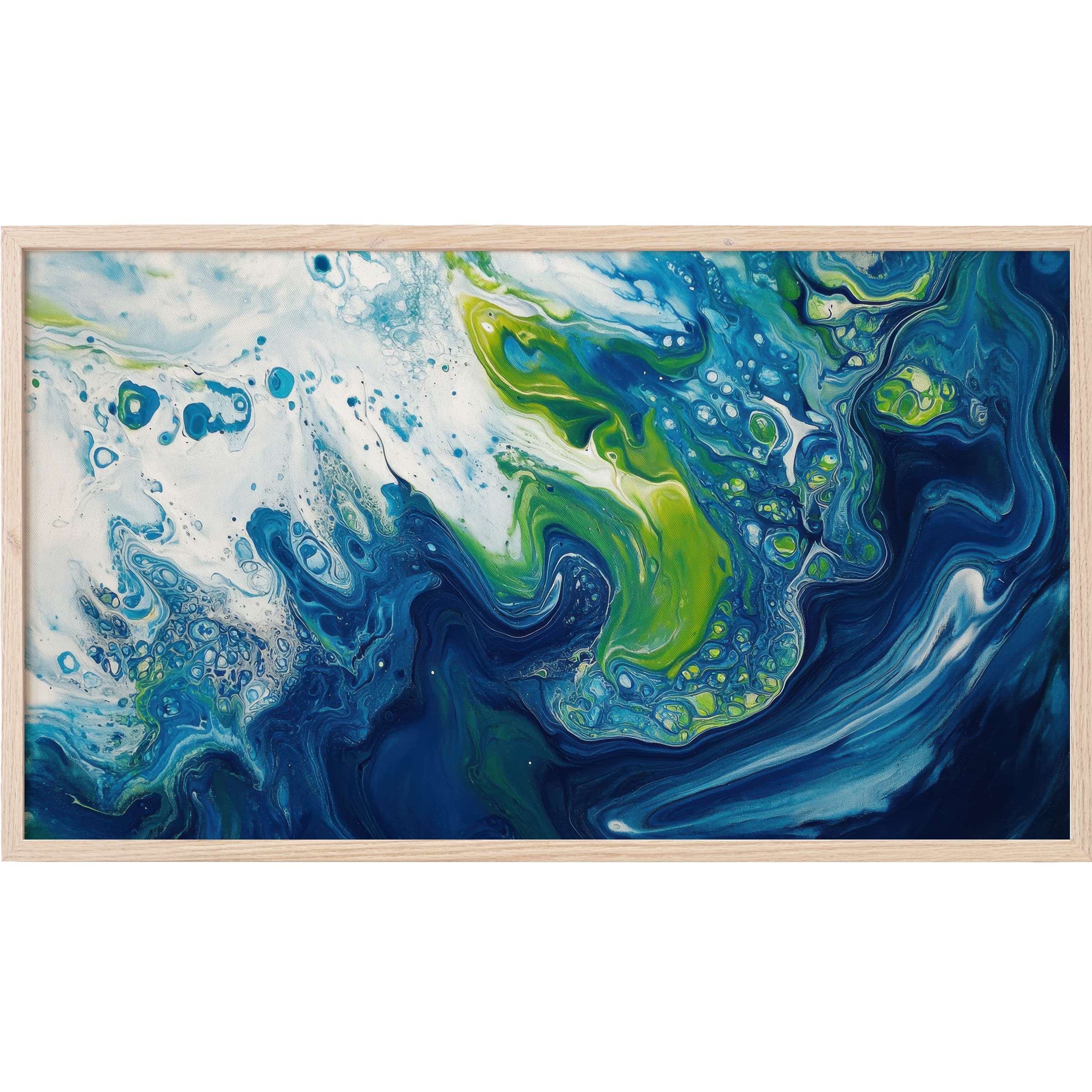 Abstract Frame TV Art with fluid swirls of deep blues, greens, and white in a modern, dynamic marbled style