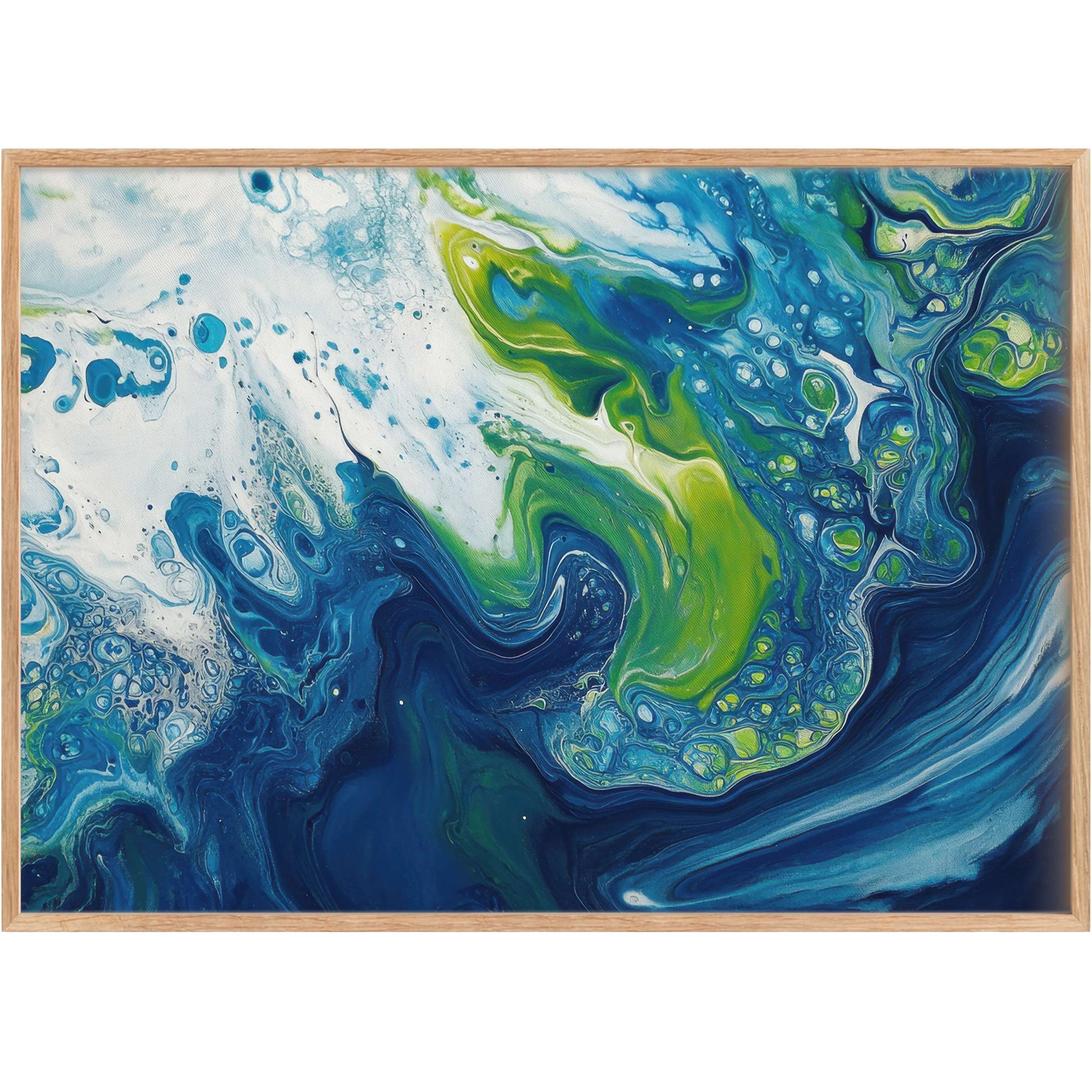 Dynamic blue and green swirls evoke a serene yet invigorating mood in this abstract printable wall art, perfect for elevating chic interiors