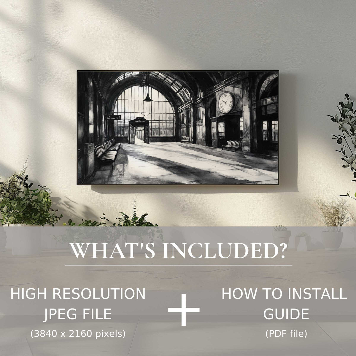 Elegant black and white digital TV art download enhances modern living spaces with easy digital use and timeless style