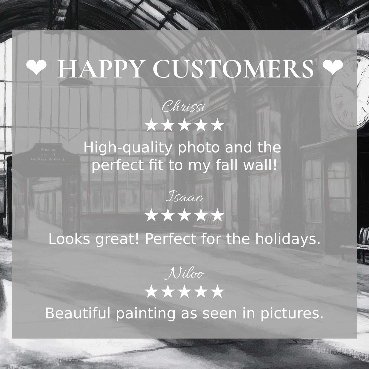 Elegant black and white art for Frame TV with urban station backdrop, showcasing happy customer reviews and refined trust