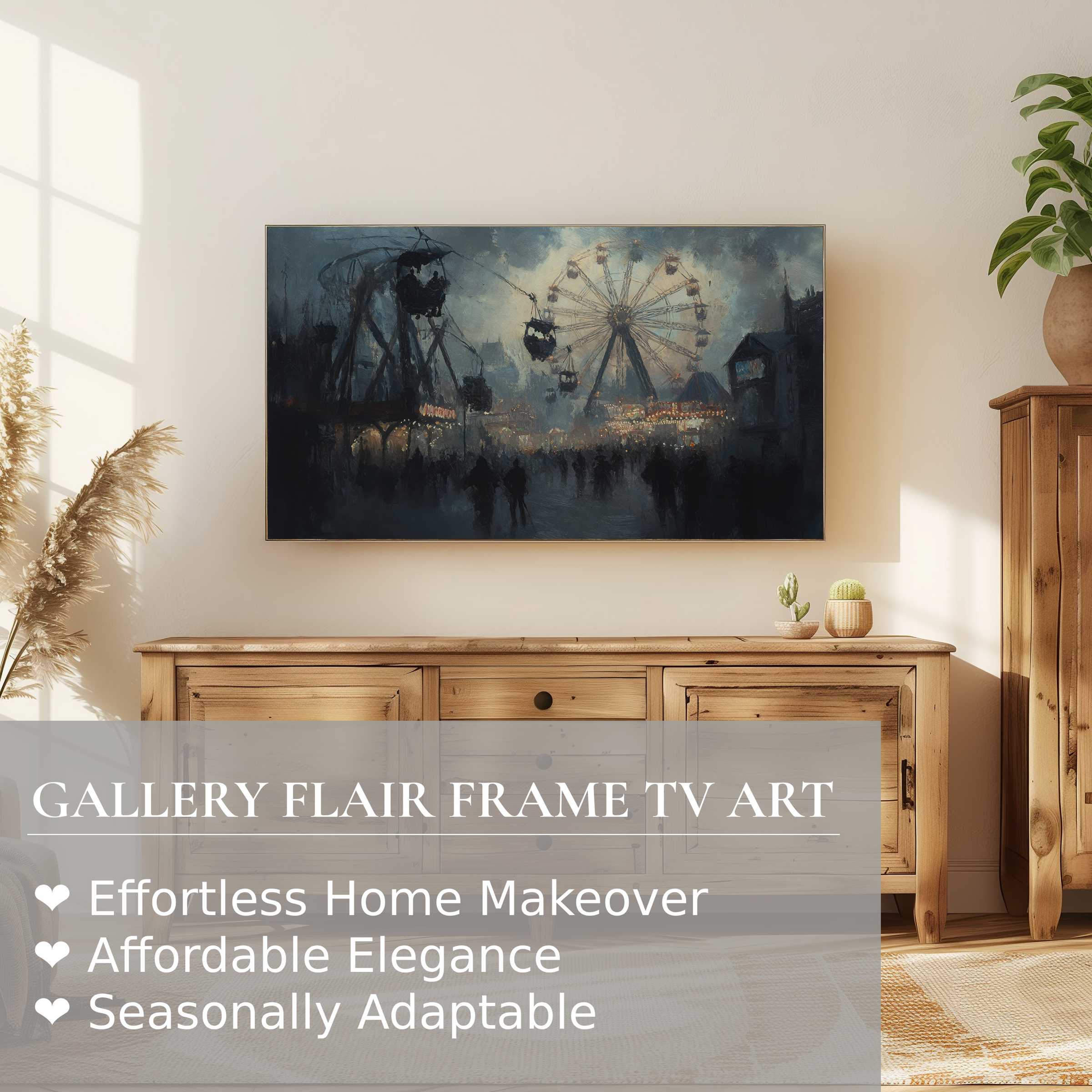 Samsung Frame TV displays moody, impressionistic halloween digital artwork in a chic, serene living room setting